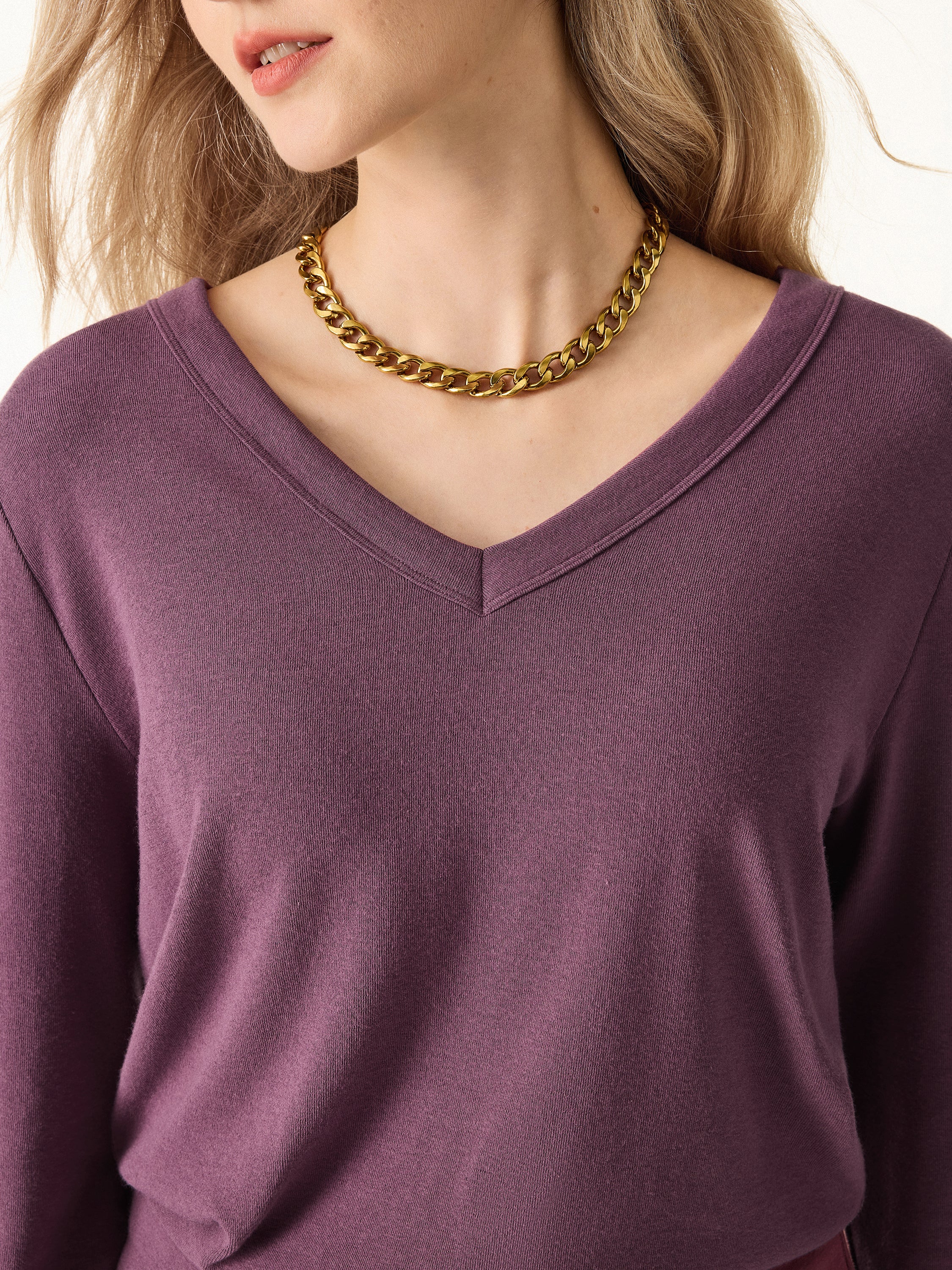 V neck Long Sleeve Top with Close fit Hem