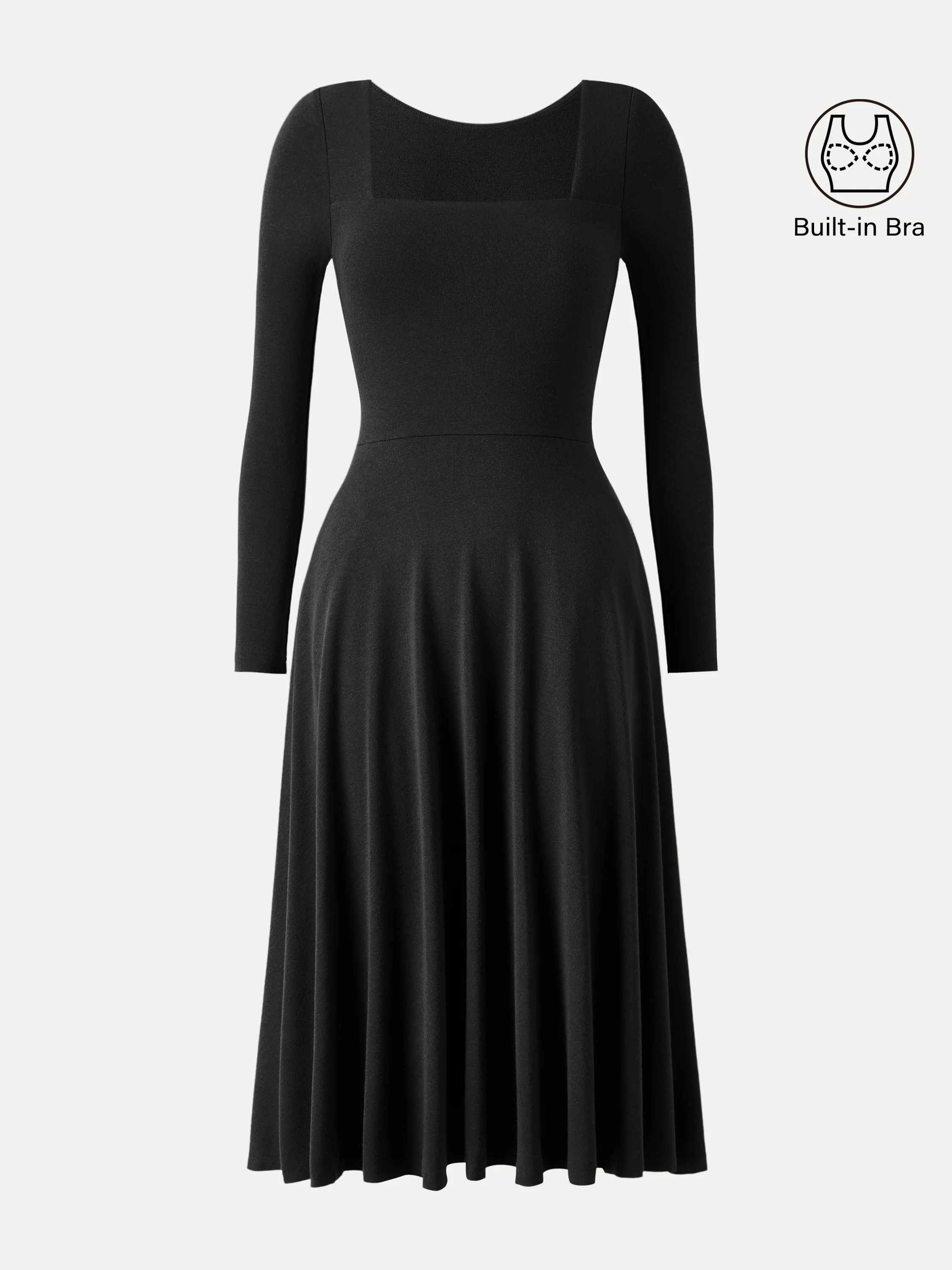 Essential Square Neck Long Sleeve Fit-and-Flare Brami Midi Dress with Pockets