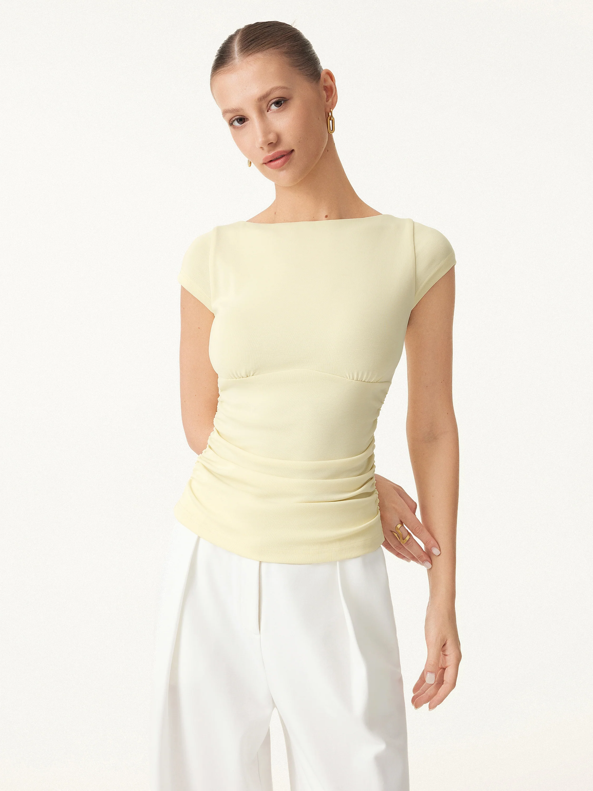 Sandwashed Boatneck Cap Sleeve Ruched Brami