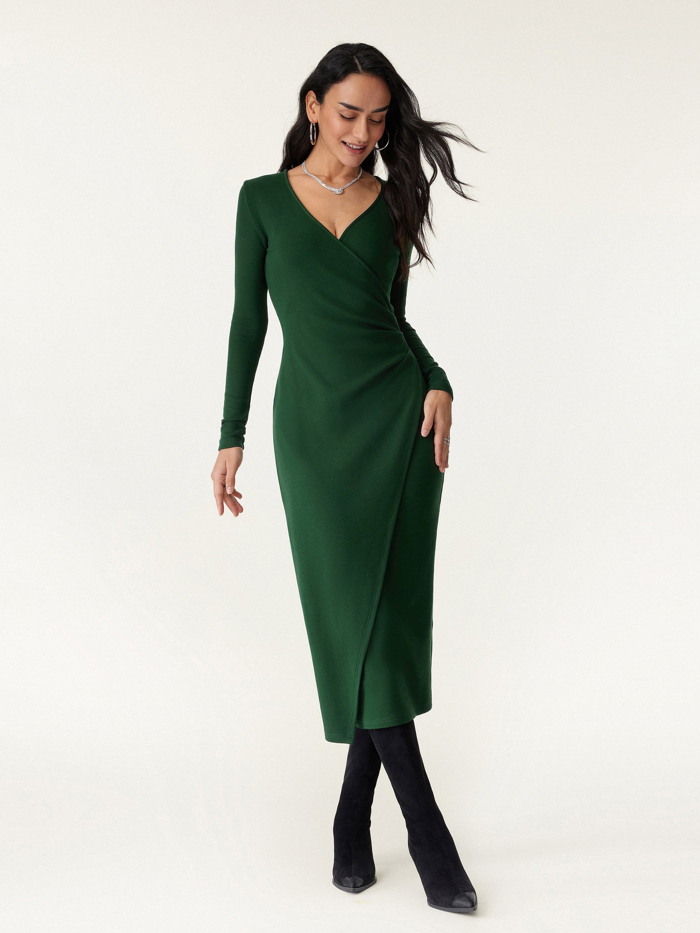 Surplice Wrap Long-Sleeved Dress