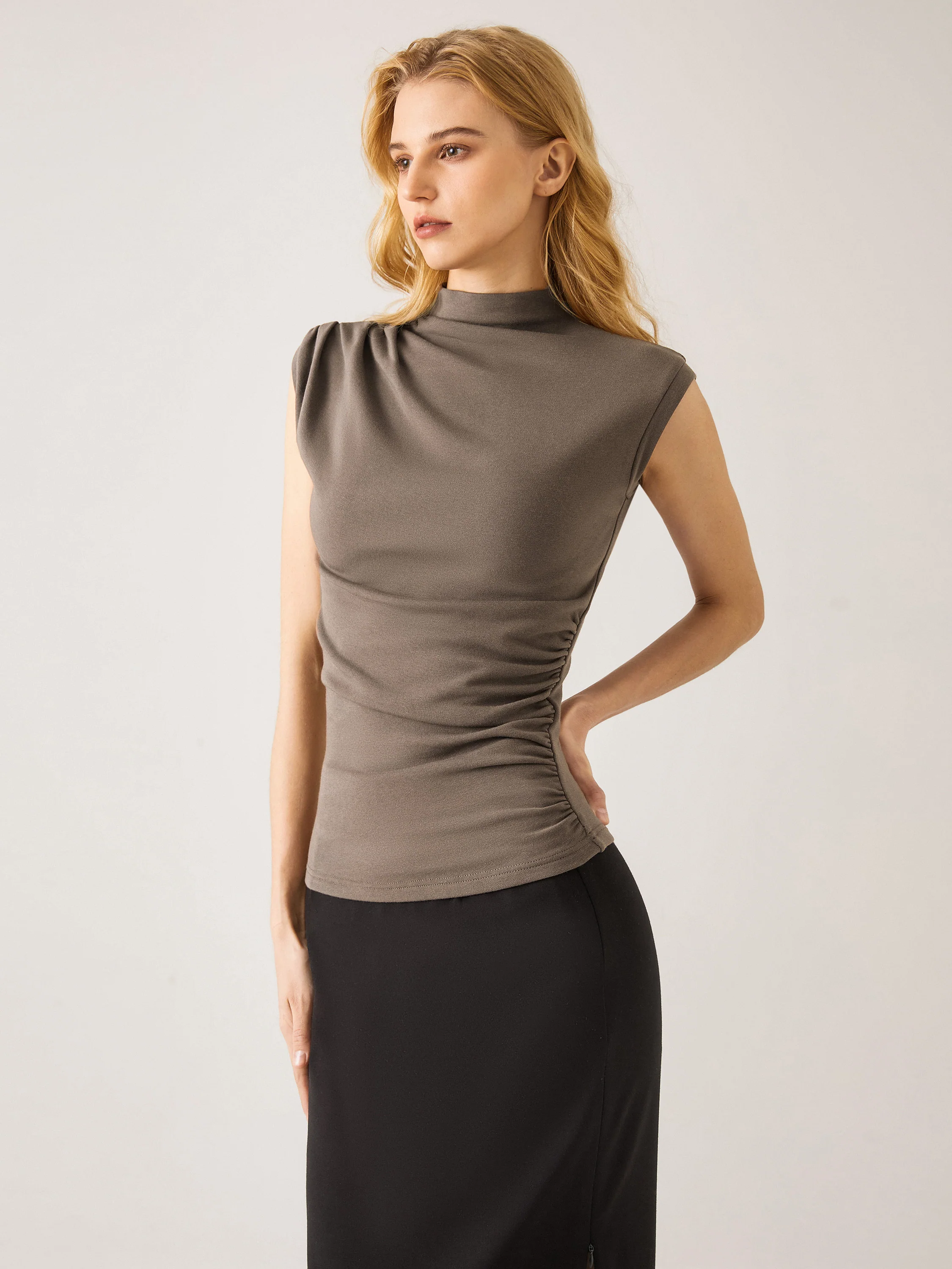 Asymmetric Ruching Mock Neck Tank Top