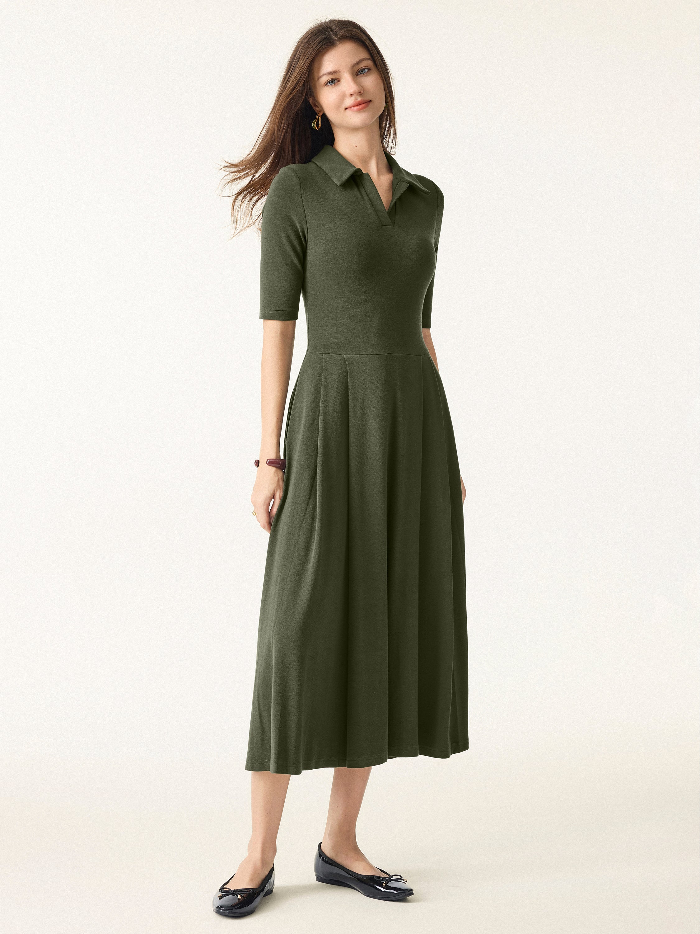 Polo Neck Elbow-Length Sleeve Midi Dress with Pockets