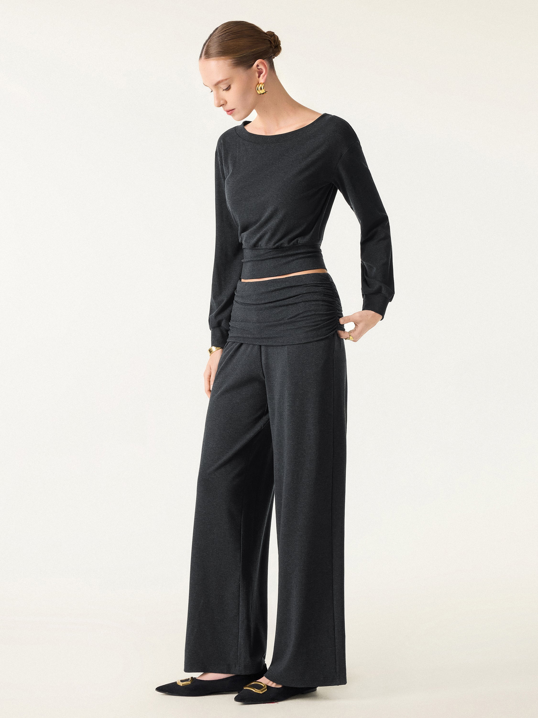 2-Piece Set Boatneck Bra & Loose Wide-Leg Pull-On Pants with Pockets