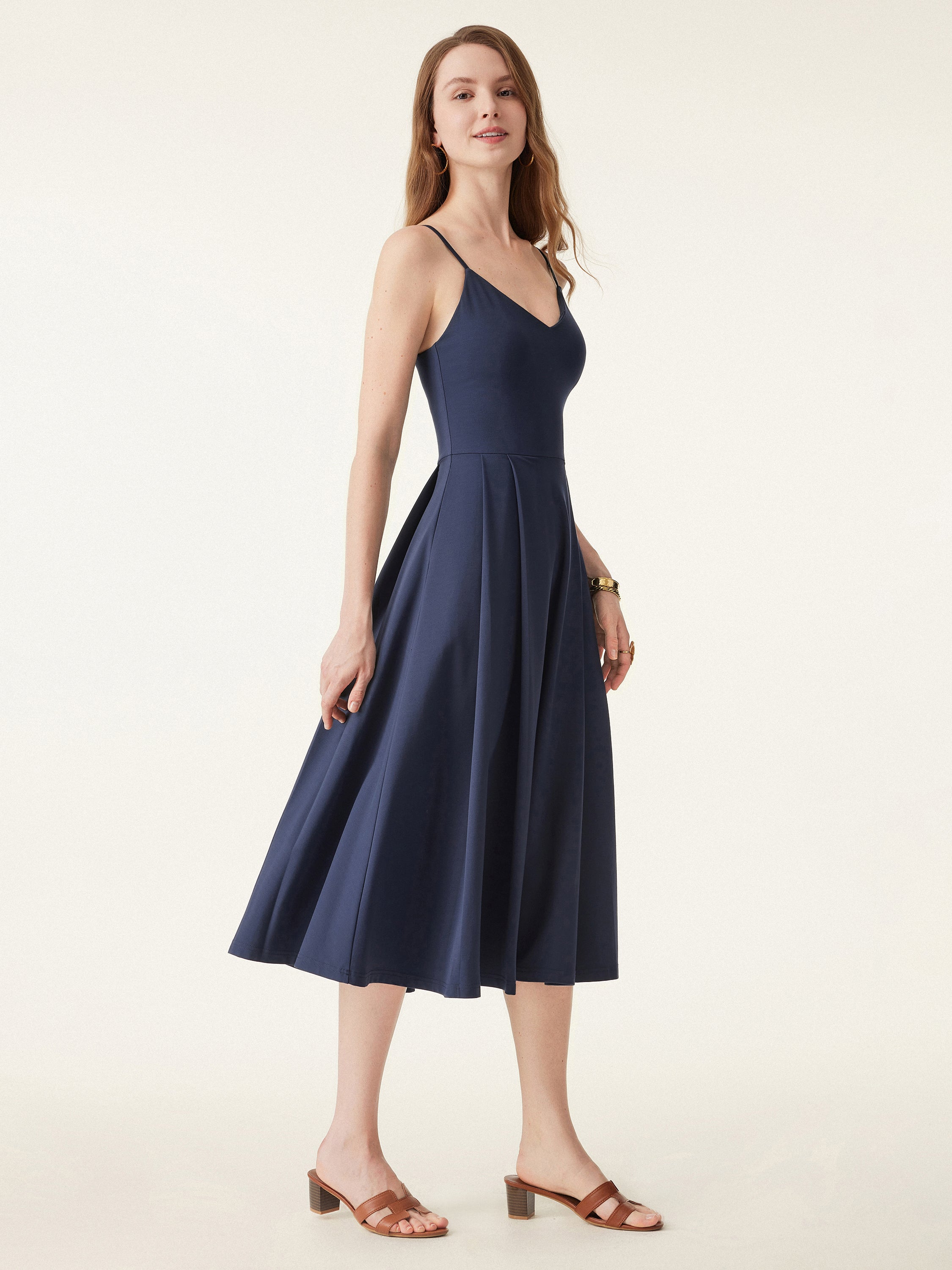 Bamboo Ponte V-neck Fit-and-flare Midi Sundress with Pockets