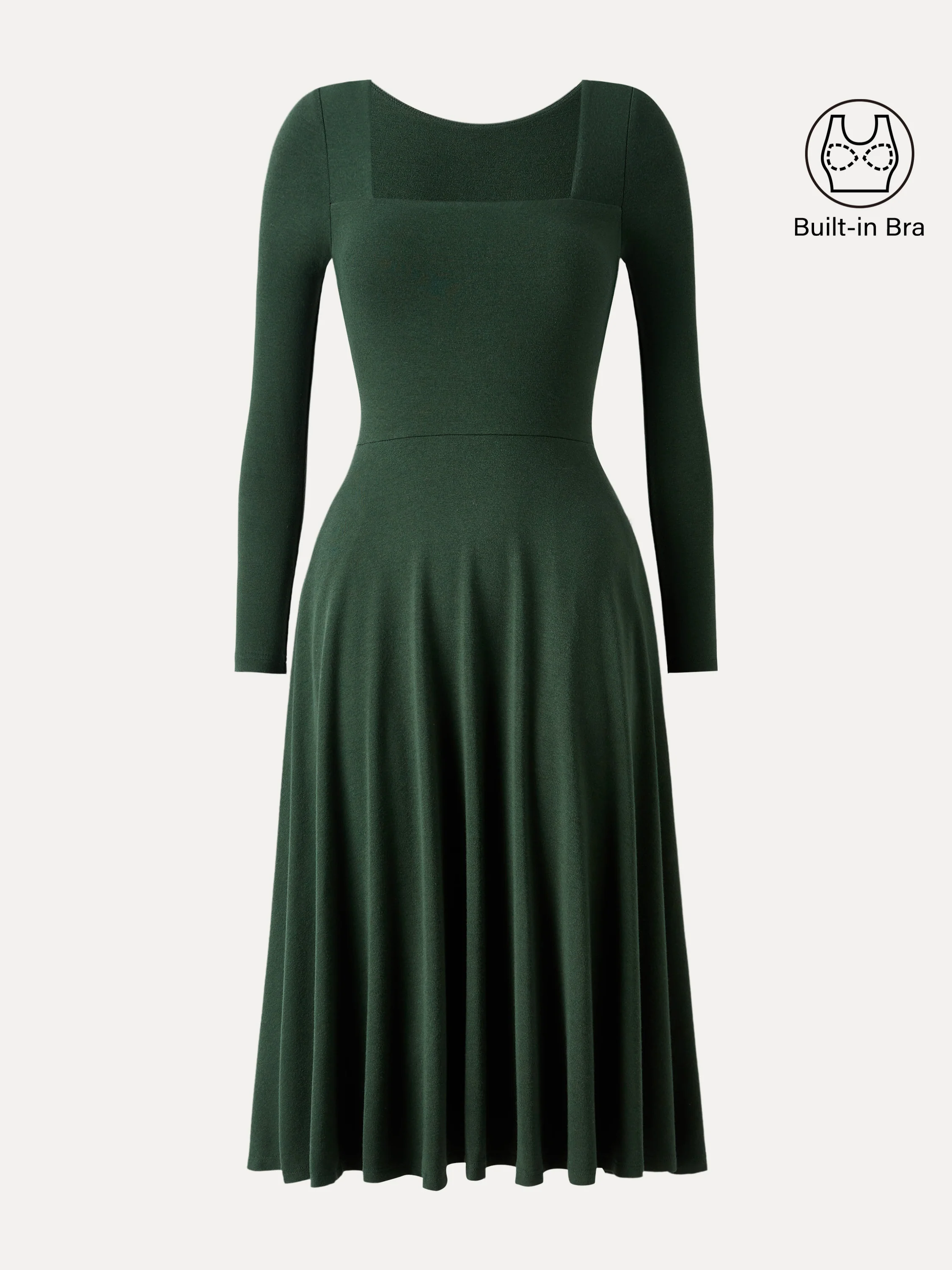 Essential Square Neck Long Sleeve Fit-and-Flare Brami Midi Dress with Pockets