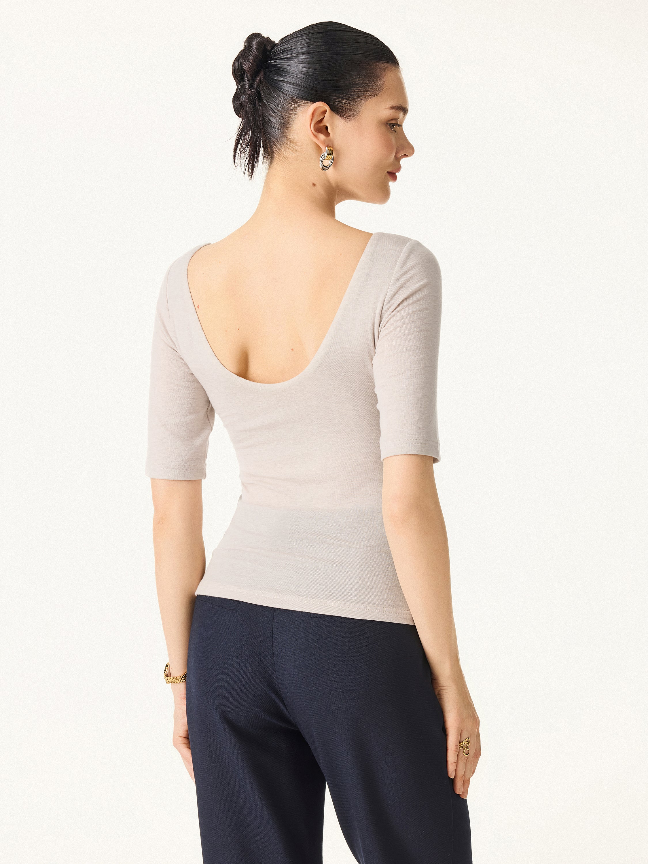 2Pcs Set Lyocell Cashmere Boatneck Elbow Length Sleeve Brami