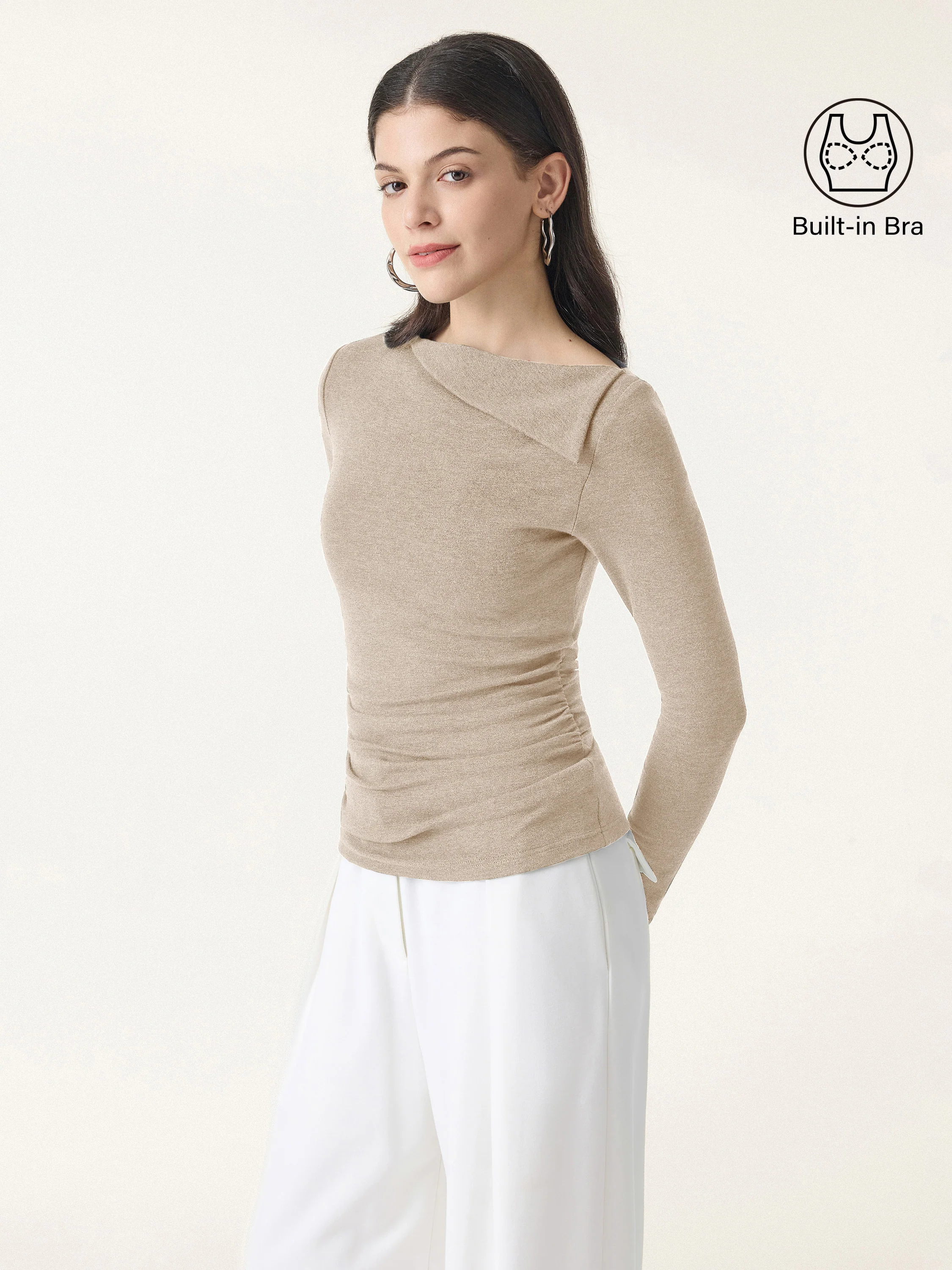 Light Warm Asymmetrical Fold-Over Side Ruched Brami Top