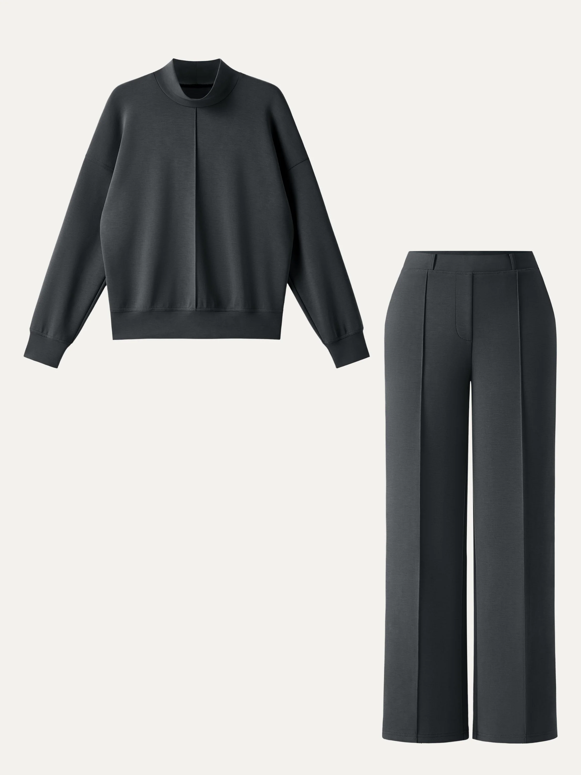 2-Piece Set: Mock Neck Pullover Shirt and Mid-Rise Straight-Leg Pants with Pockets