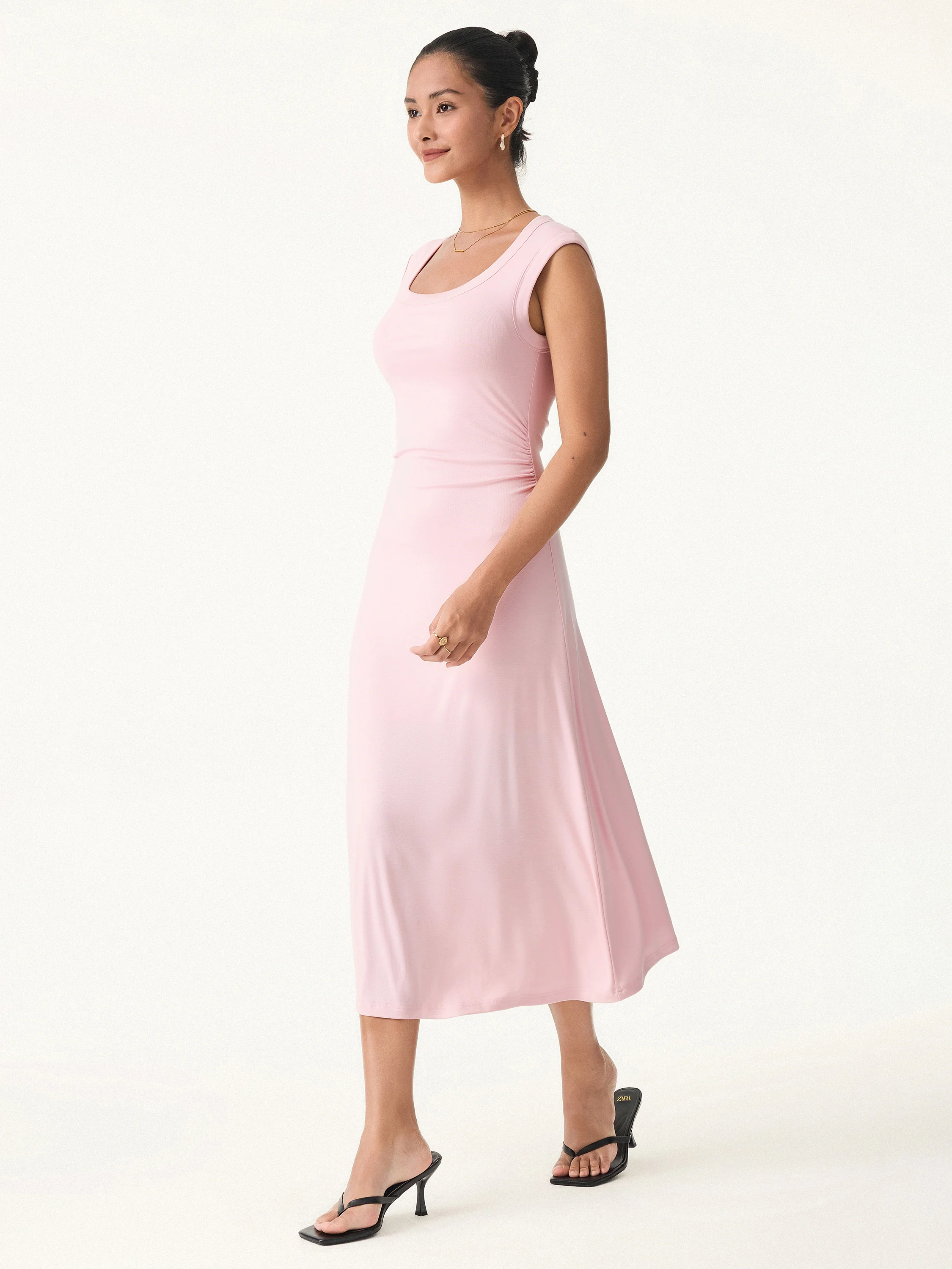 Scoop Neck Side Ruched New Airy Brami Midi Dress