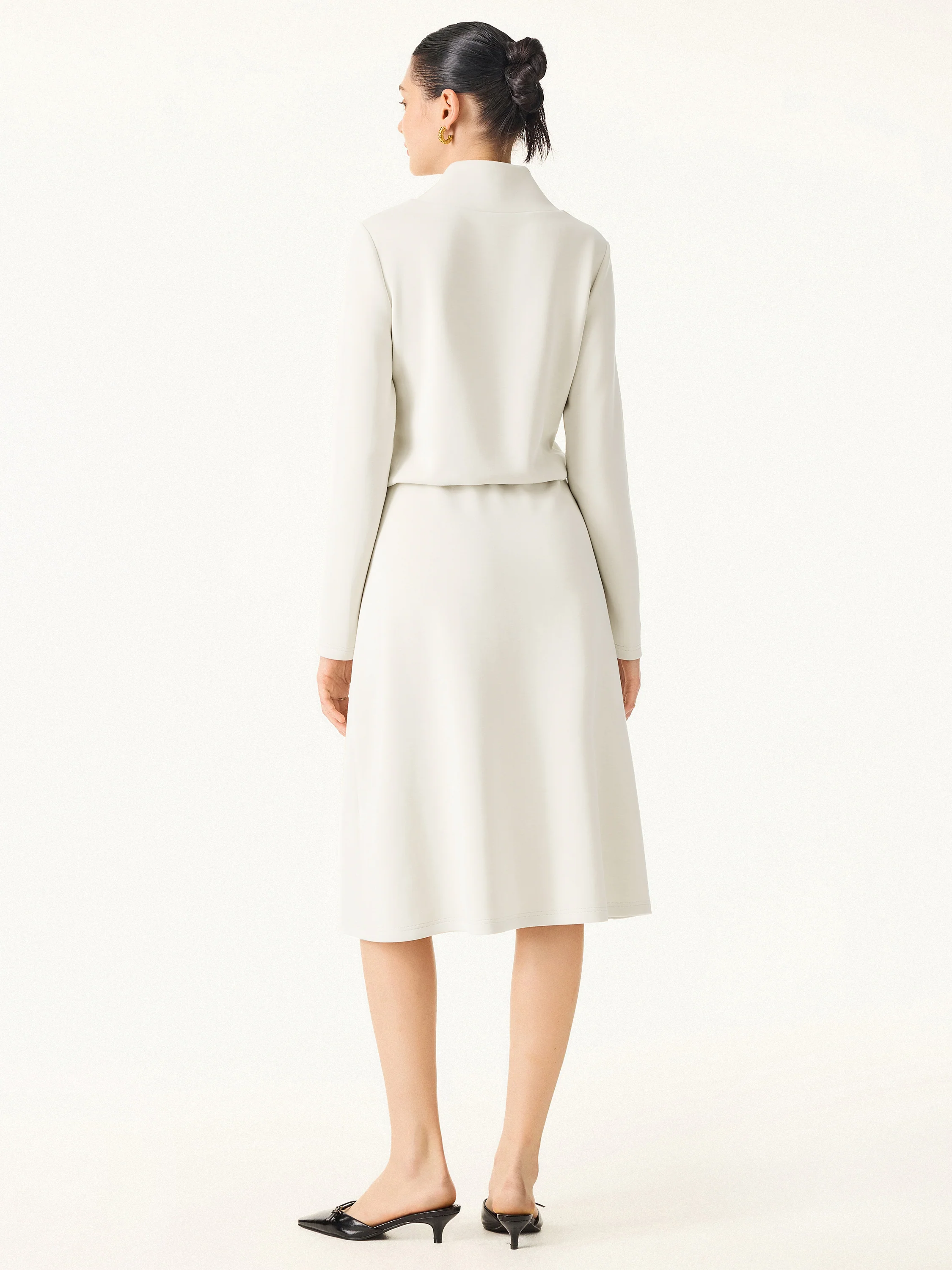 Elevated V-neck Long-sleeve Cinched Midi Dress