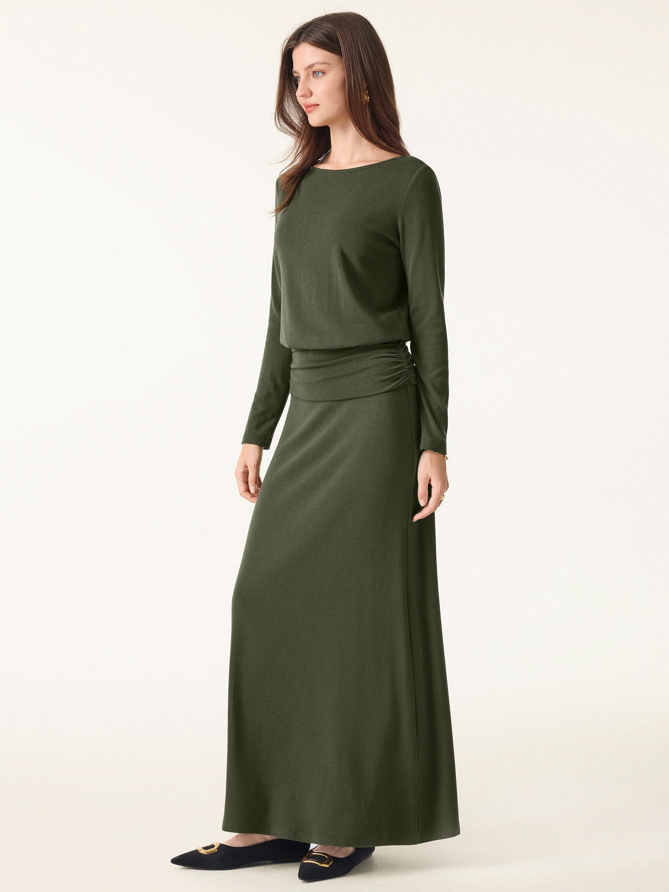 2Pcs Set Light Warm Round Neck Side Ruched Top & Pull-on Circle Flared Maxi Skirt