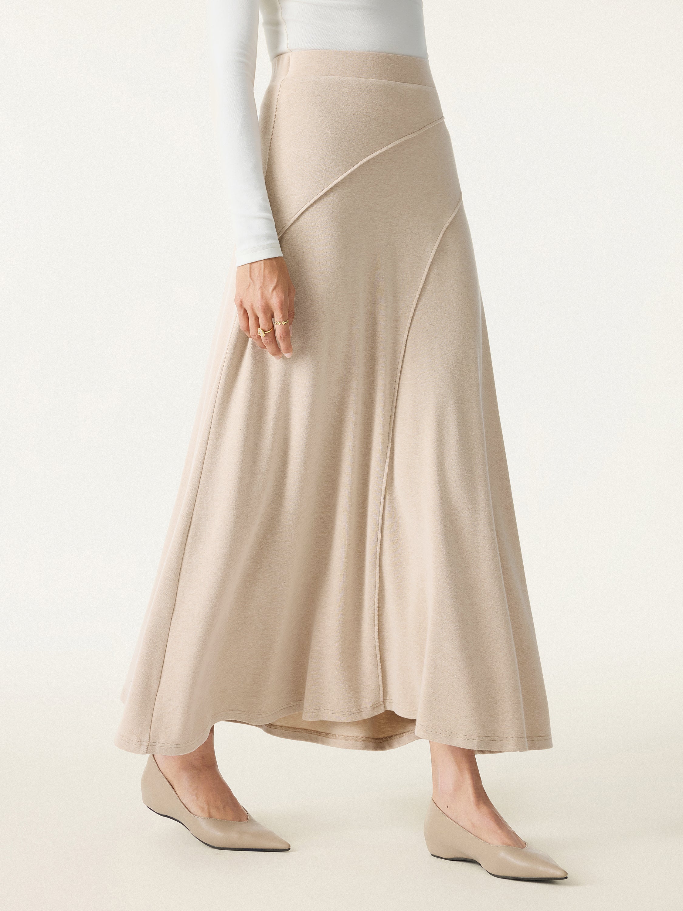 2-Piece Set: Slanted Mockneck Ruched Bra Top & Mid-Rise Pull-On Flared Maxi Skirt