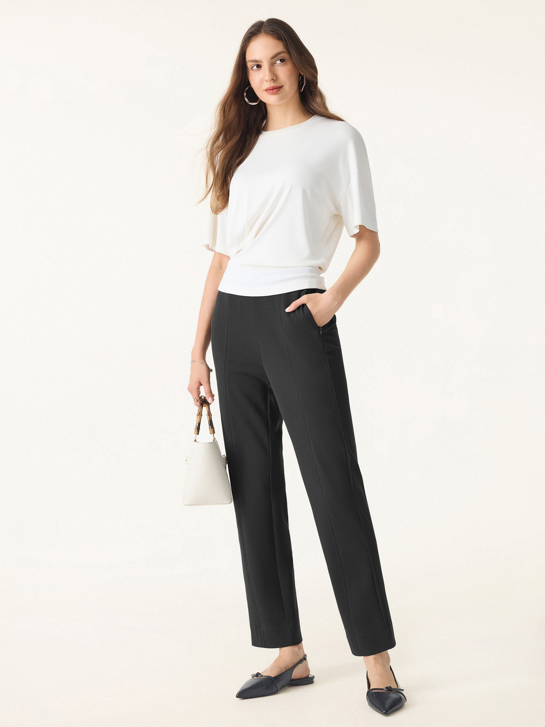 Sandwashed Mid-Rise Slim Straight Pull-On Trousers with Pockets