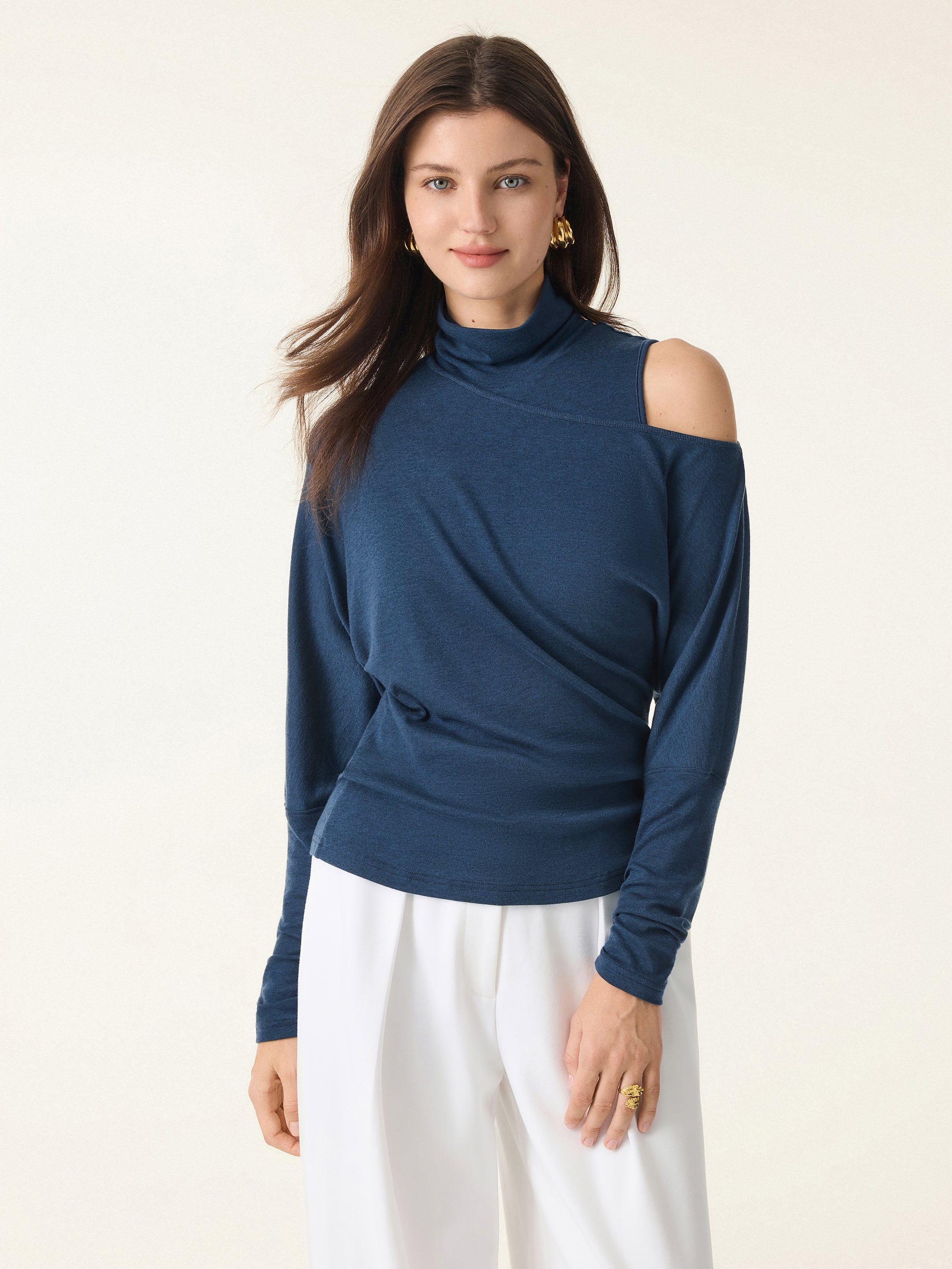 2Pcs Set Lyocell Cashmere Cold-Shoulder Semi-Sheer Top & Turtleneck Brami Tank