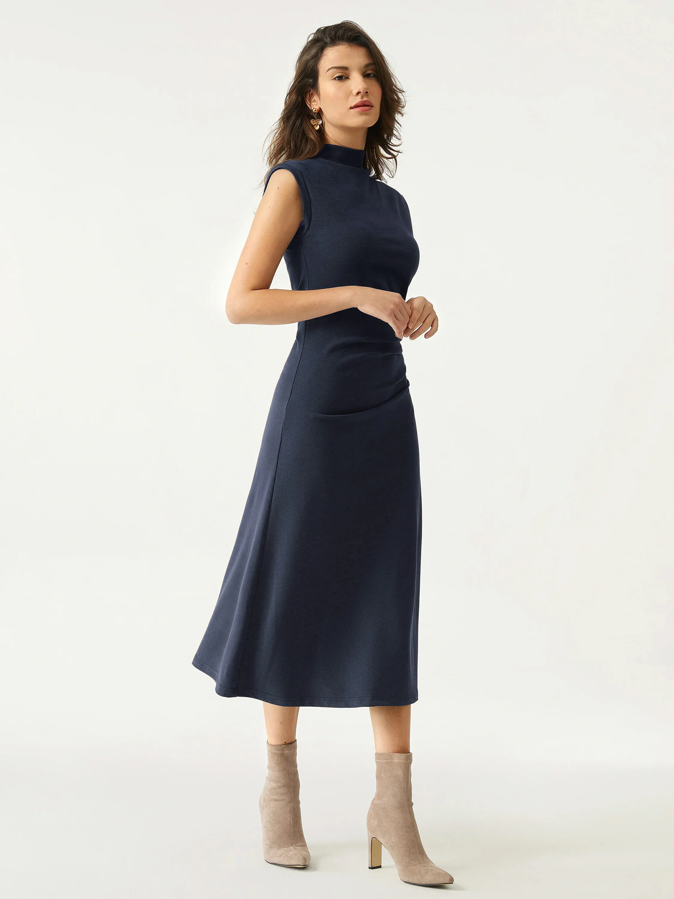 Mock Neck Tucked Midi Dress