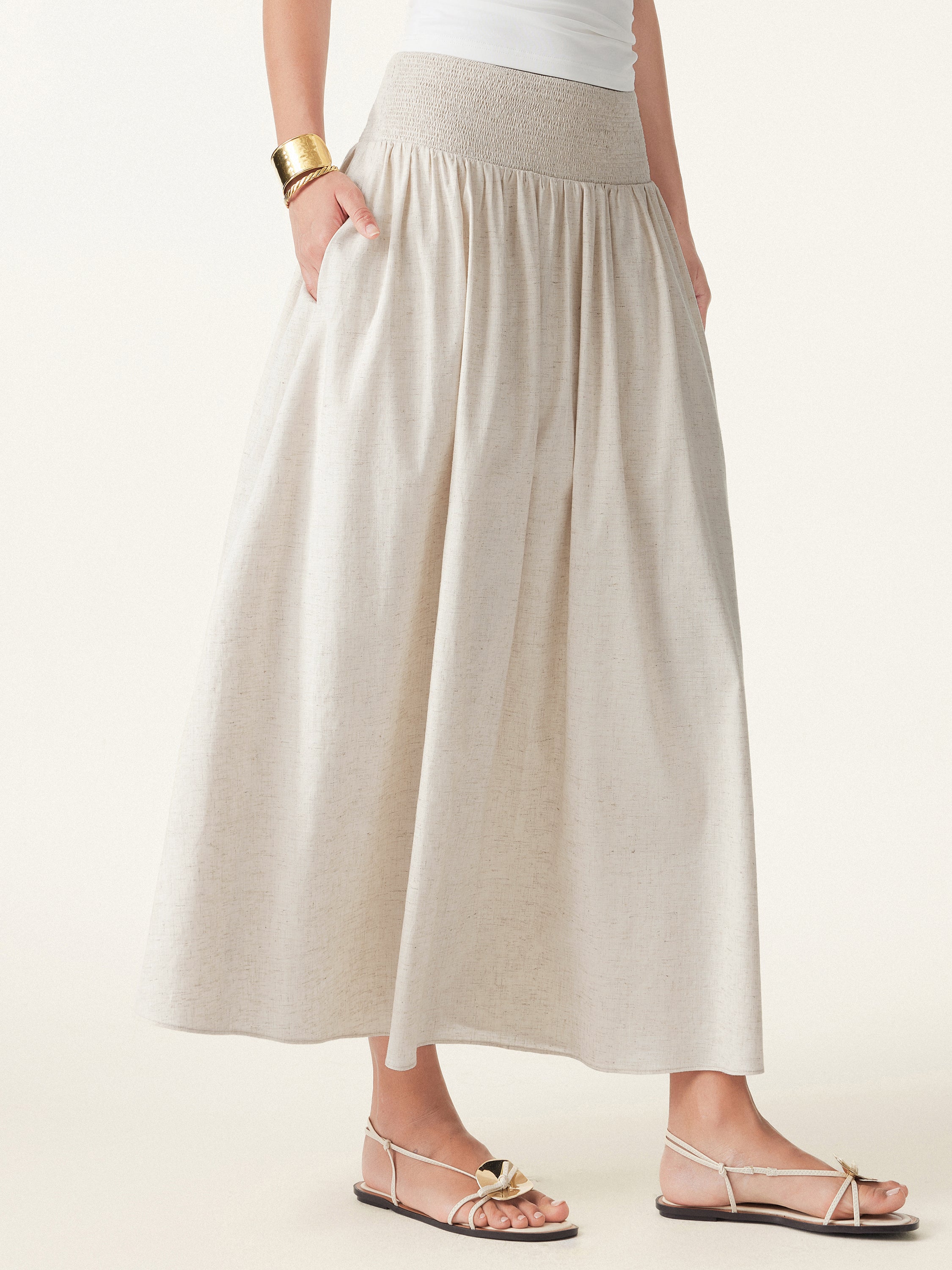 Linen Smocked Waist Skirt with Pockets