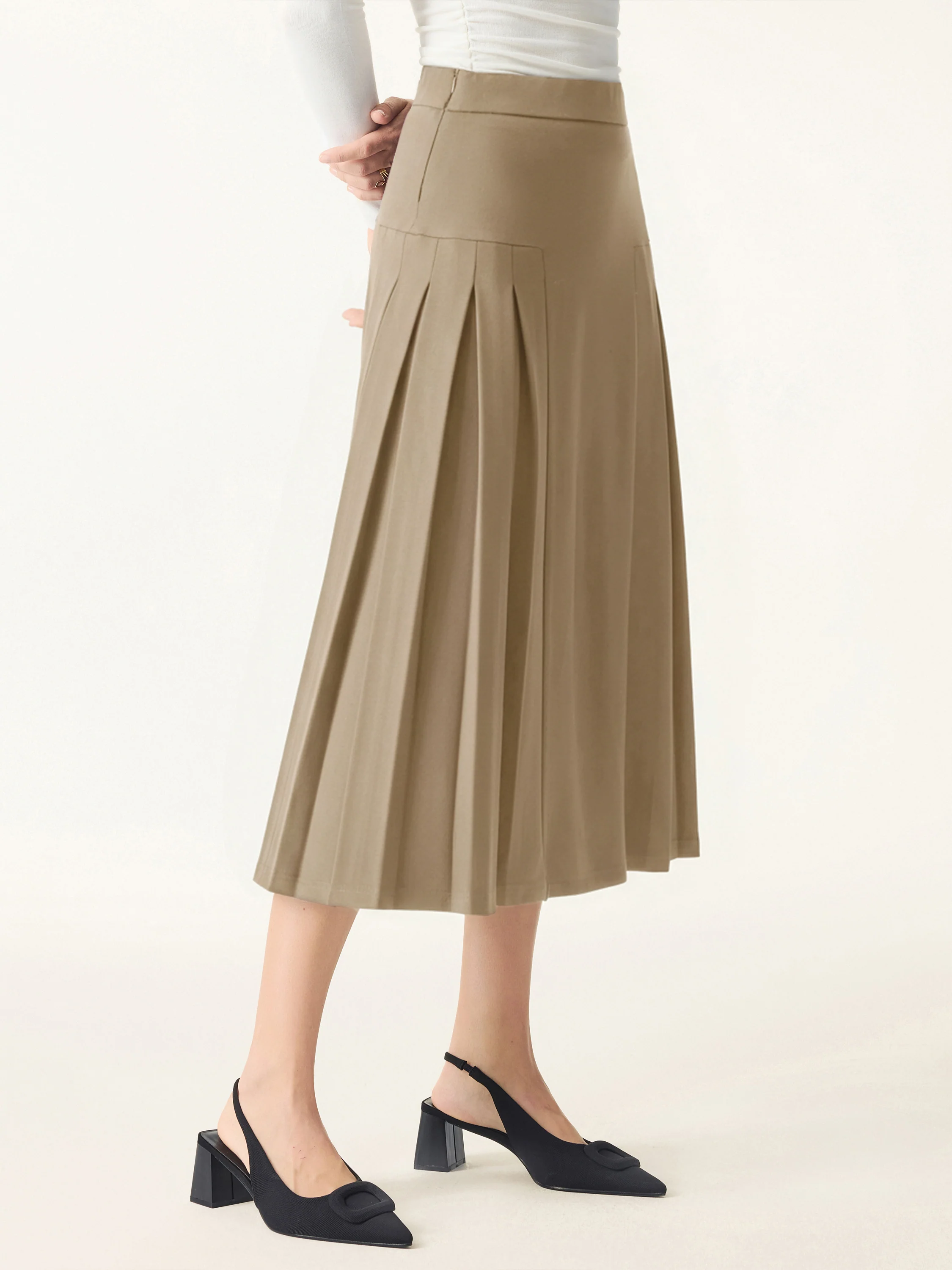 Stretch Ponte Pleated A-line Midi Fitted Skirt