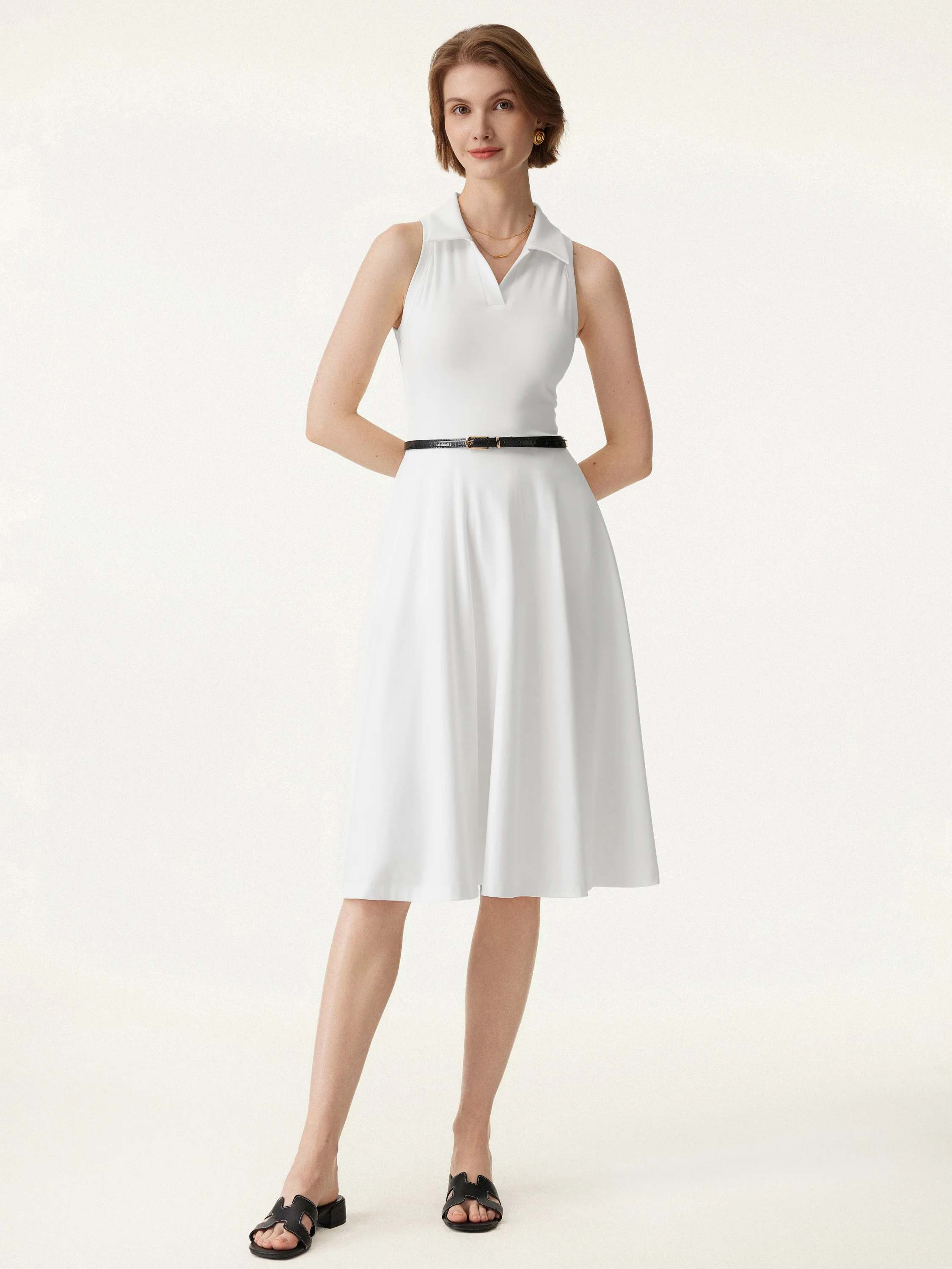 Stretch Cotton Polo Neck Fit-and-flare Midi Brami Dress with Pockets