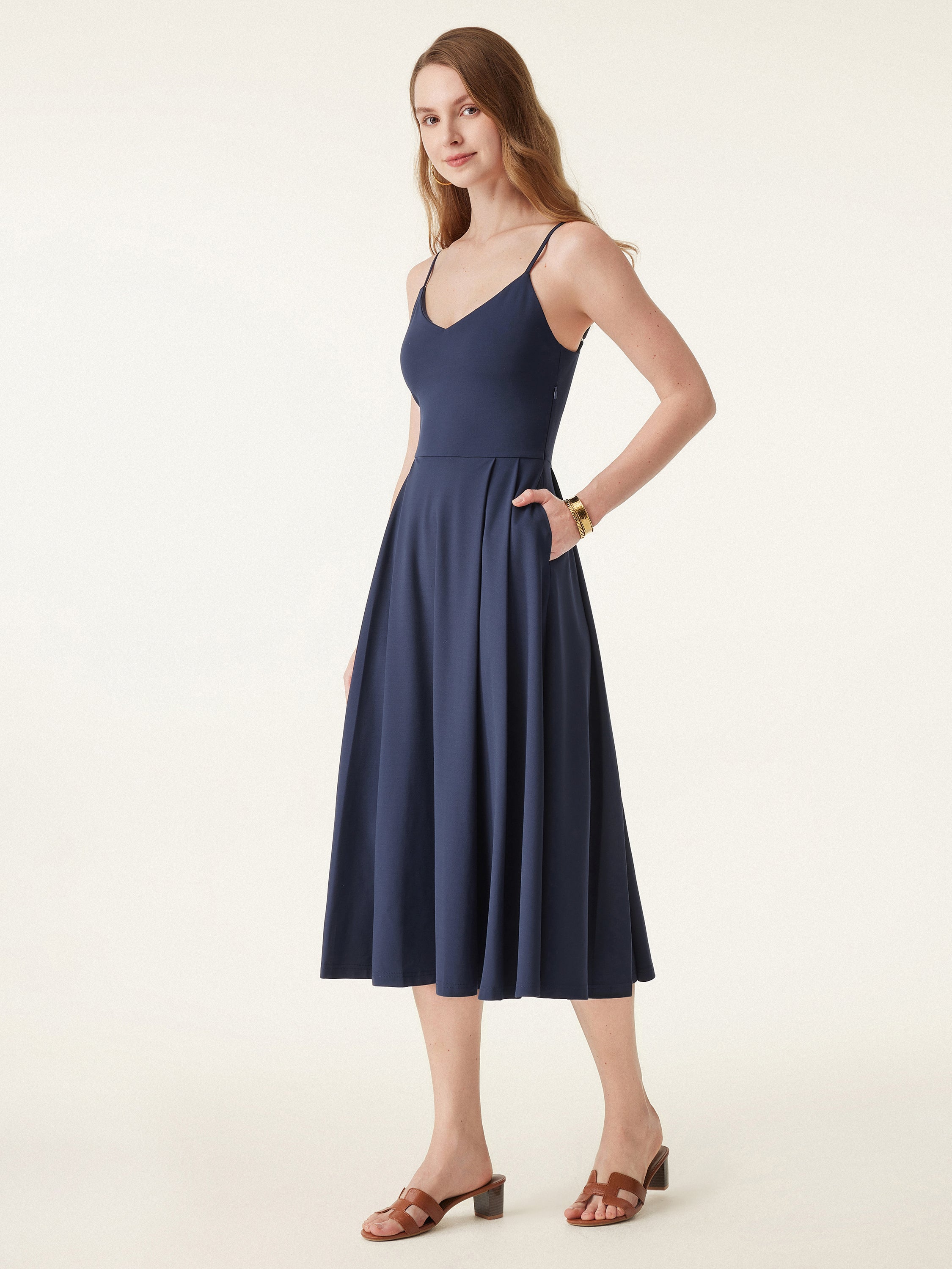 Bamboo Ponte V-neck Fit-and-flare Midi Sundress with Pockets