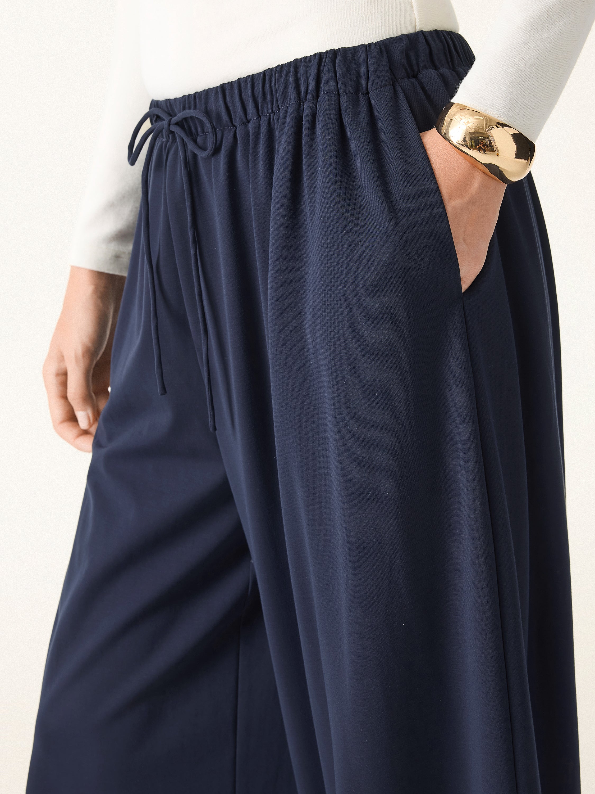 Stretch Ponte Mid Rise Palazzo Pants with Pockets