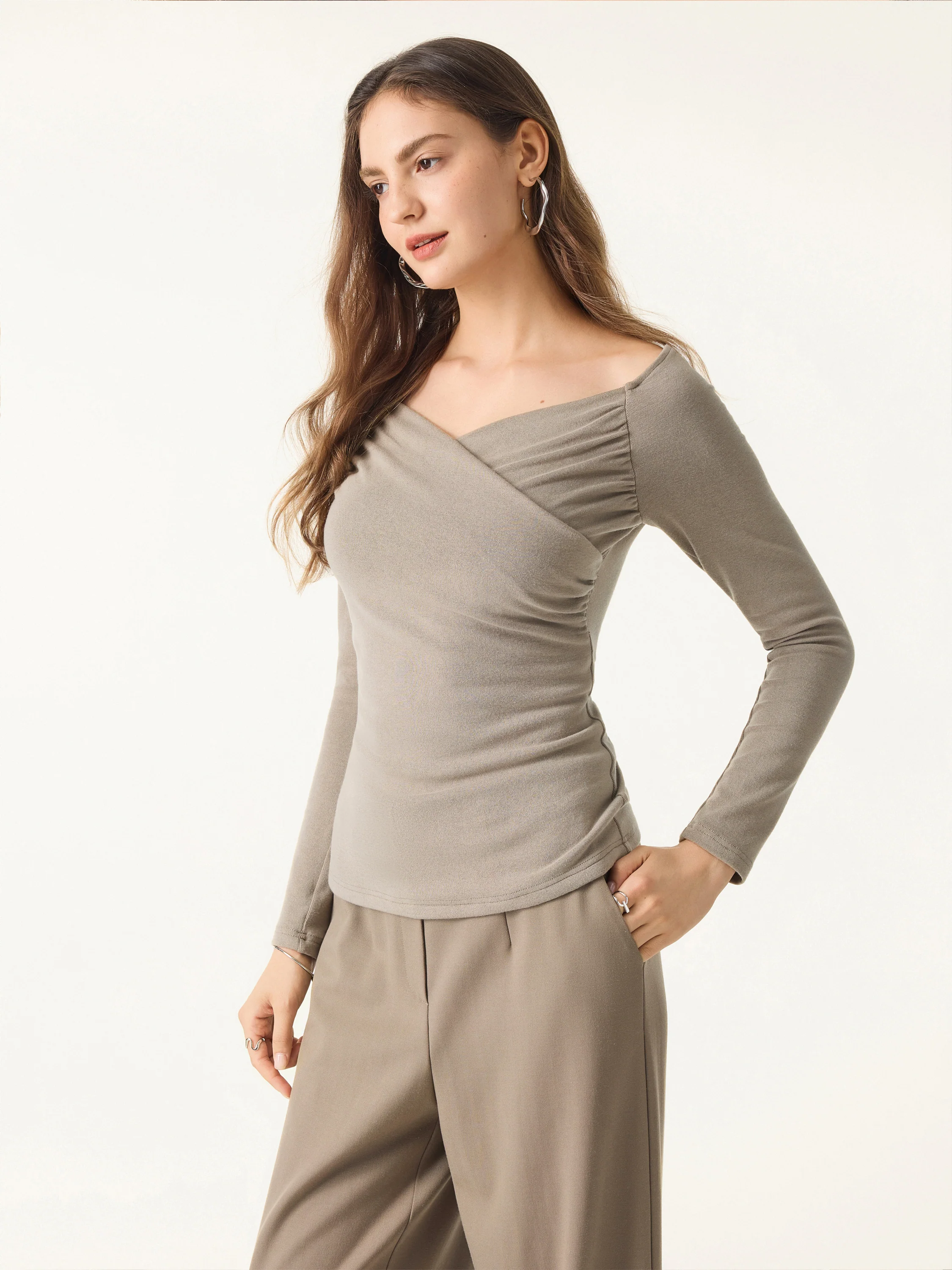 Warm Light Surplice Ruched Long-Sleeved Top