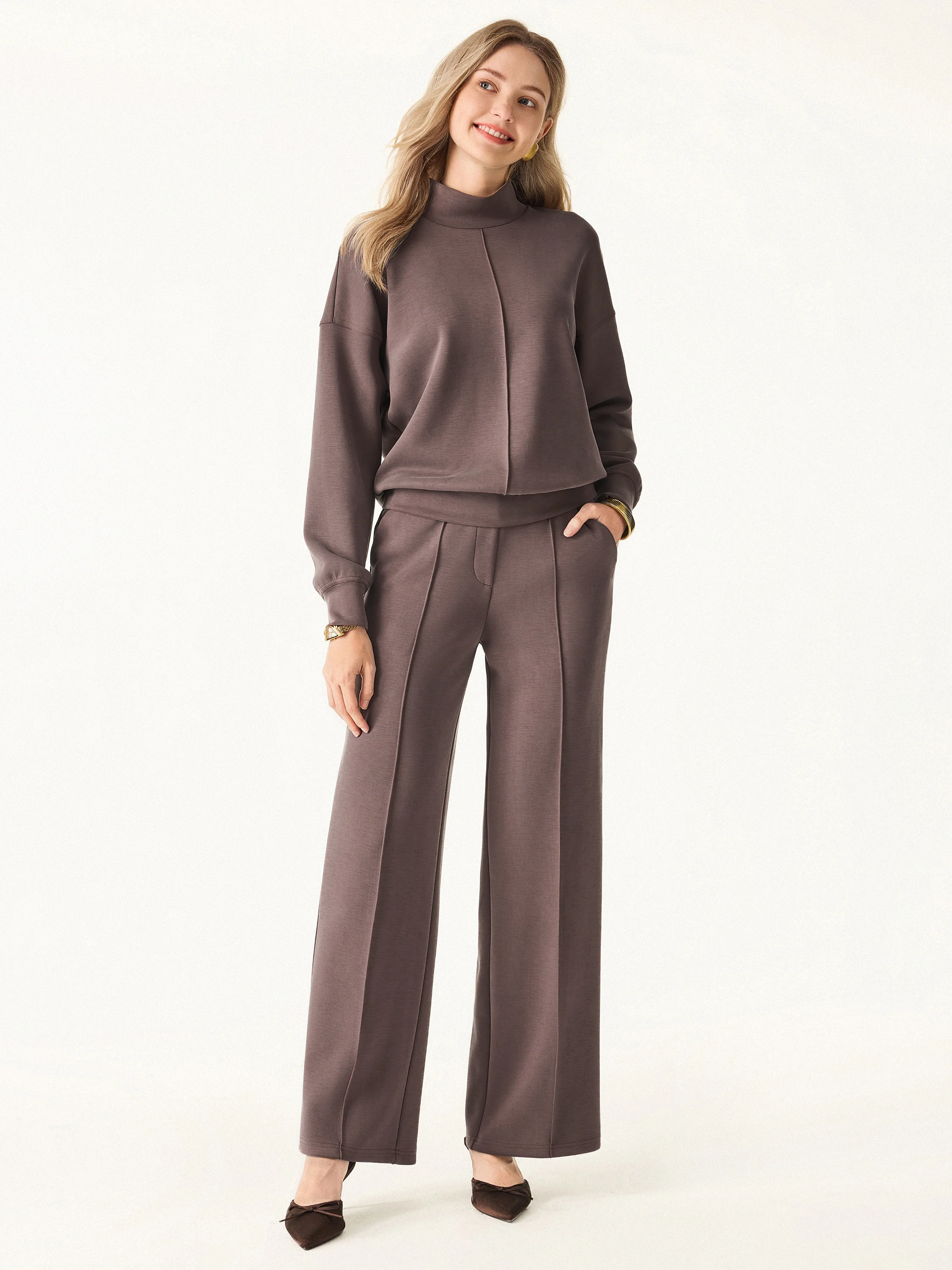 2-Piece Set: Mock Neck Pullover Shirt and Mid-Rise Straight-Leg Pants with Pockets