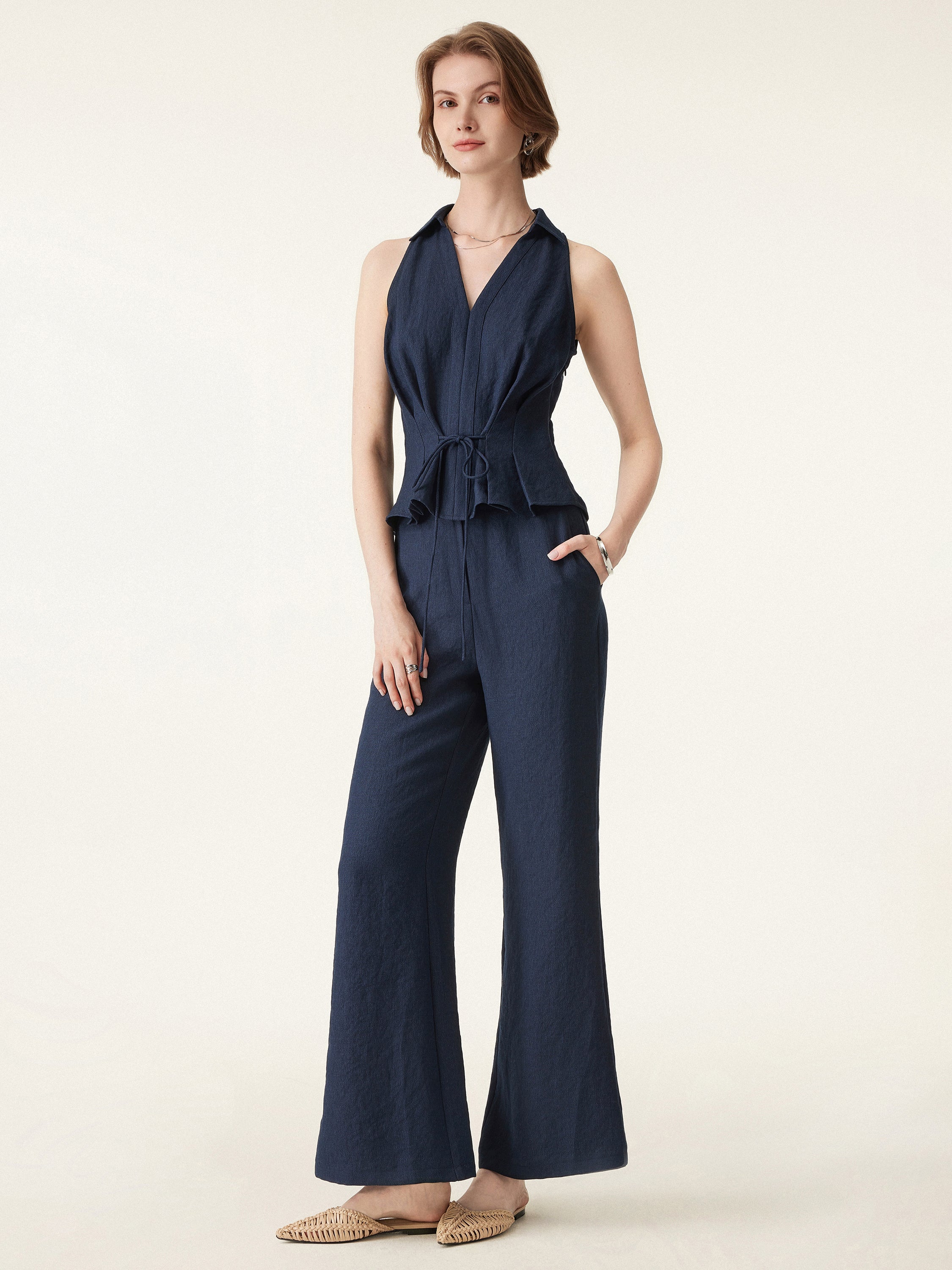 2-Piece Set: Collared V-Neck Sleeveless Top and Mid-Rise Flared Pants with Pockets