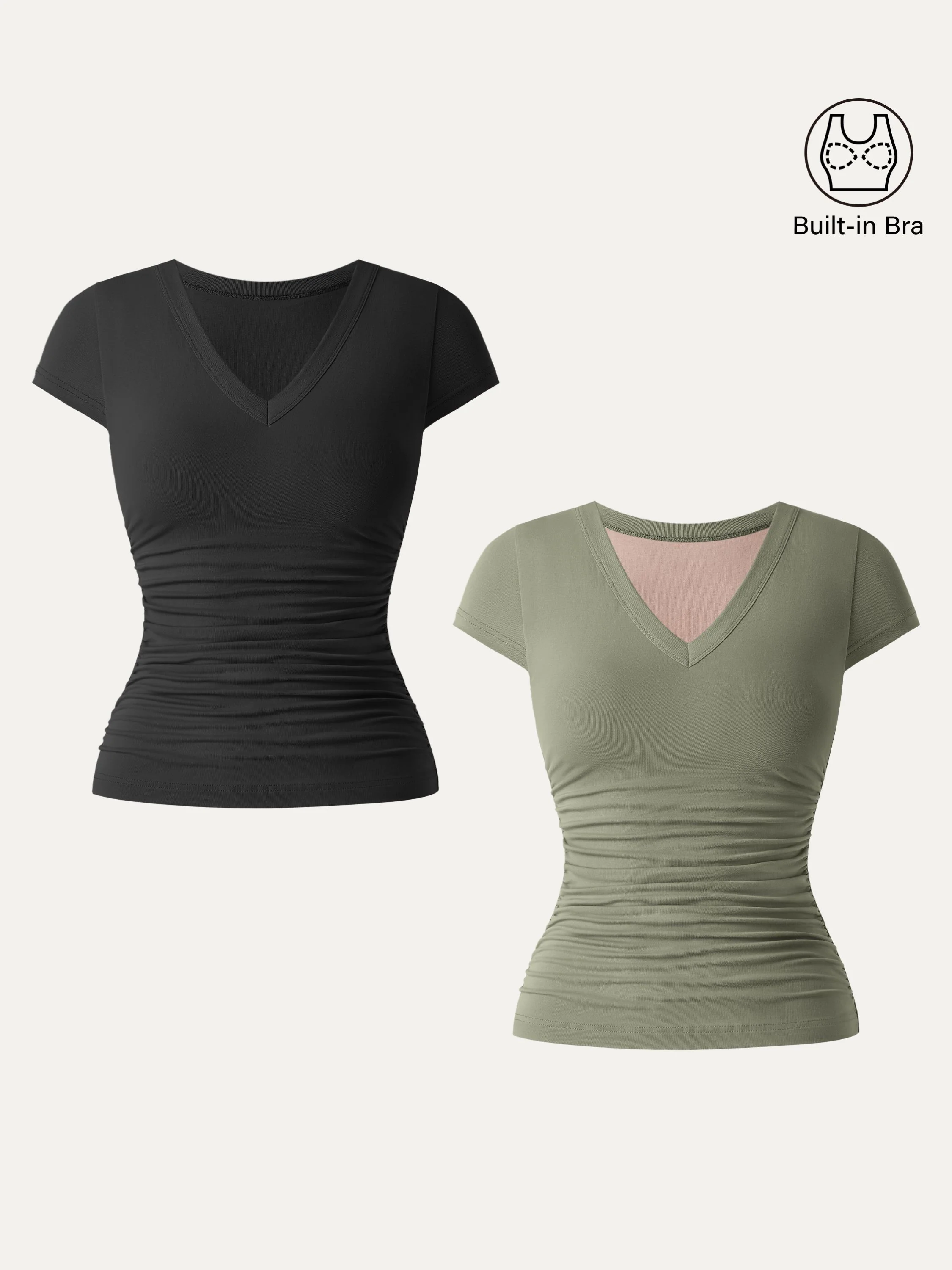 2-Piece Set Elevated V-Neck Side-Ruched Cap-Sleeve Bra Tee