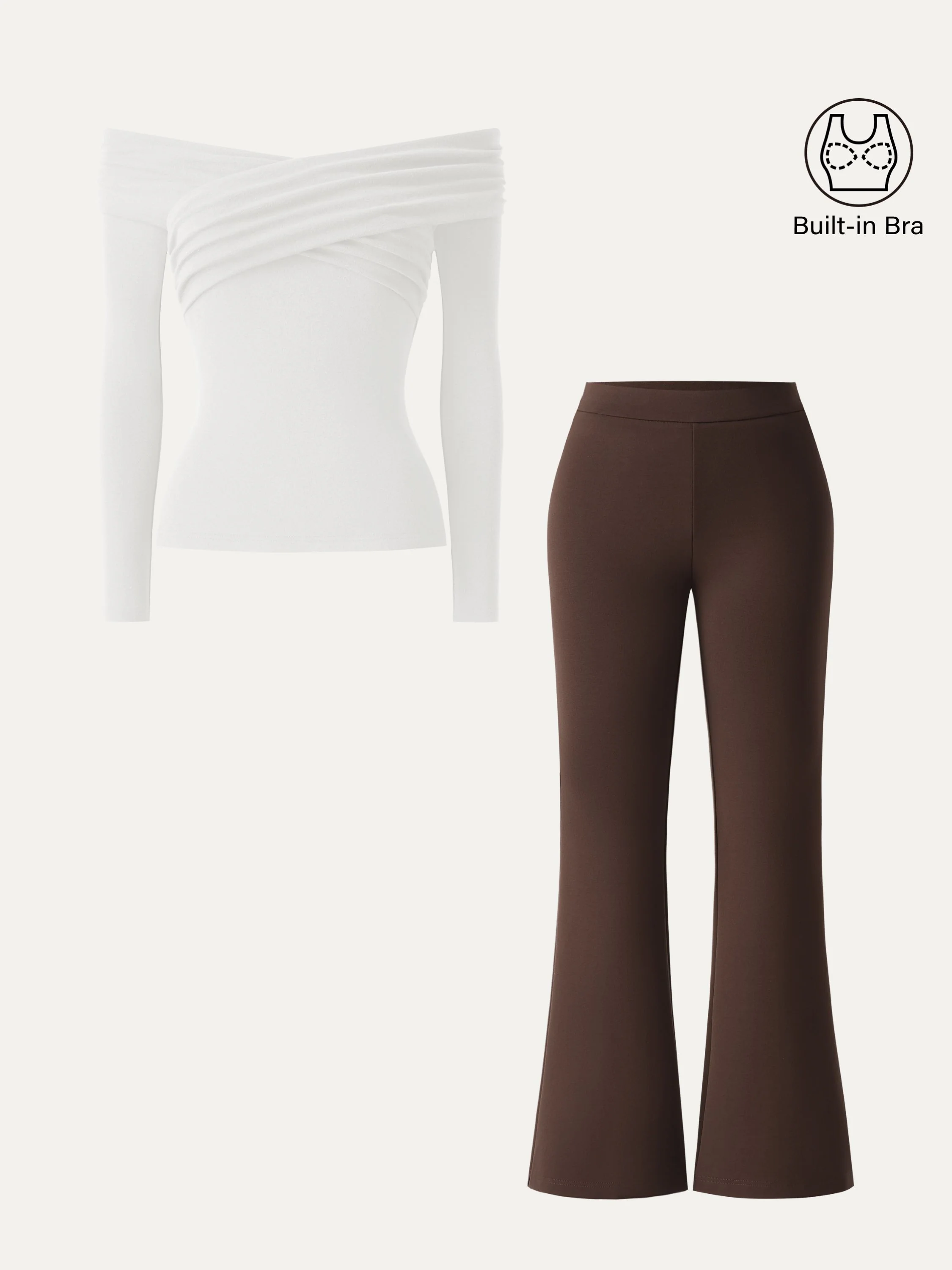 2Pcs Set Criss Cross Off-Shoulder Brami & High Rise Pull-on Flared Petite Pants