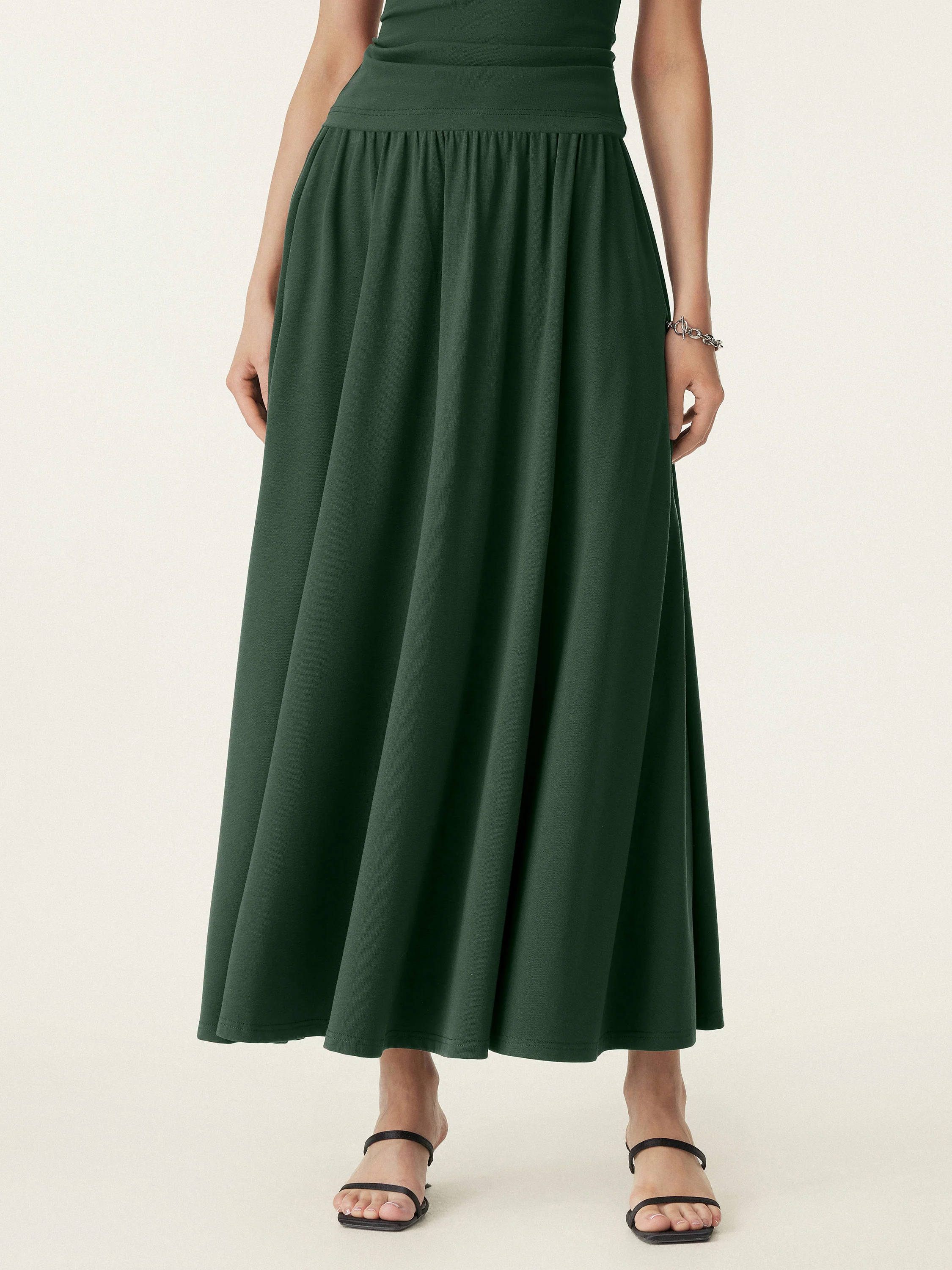 Stretch Cotton Maxi Umbrella Skirt with Pockets