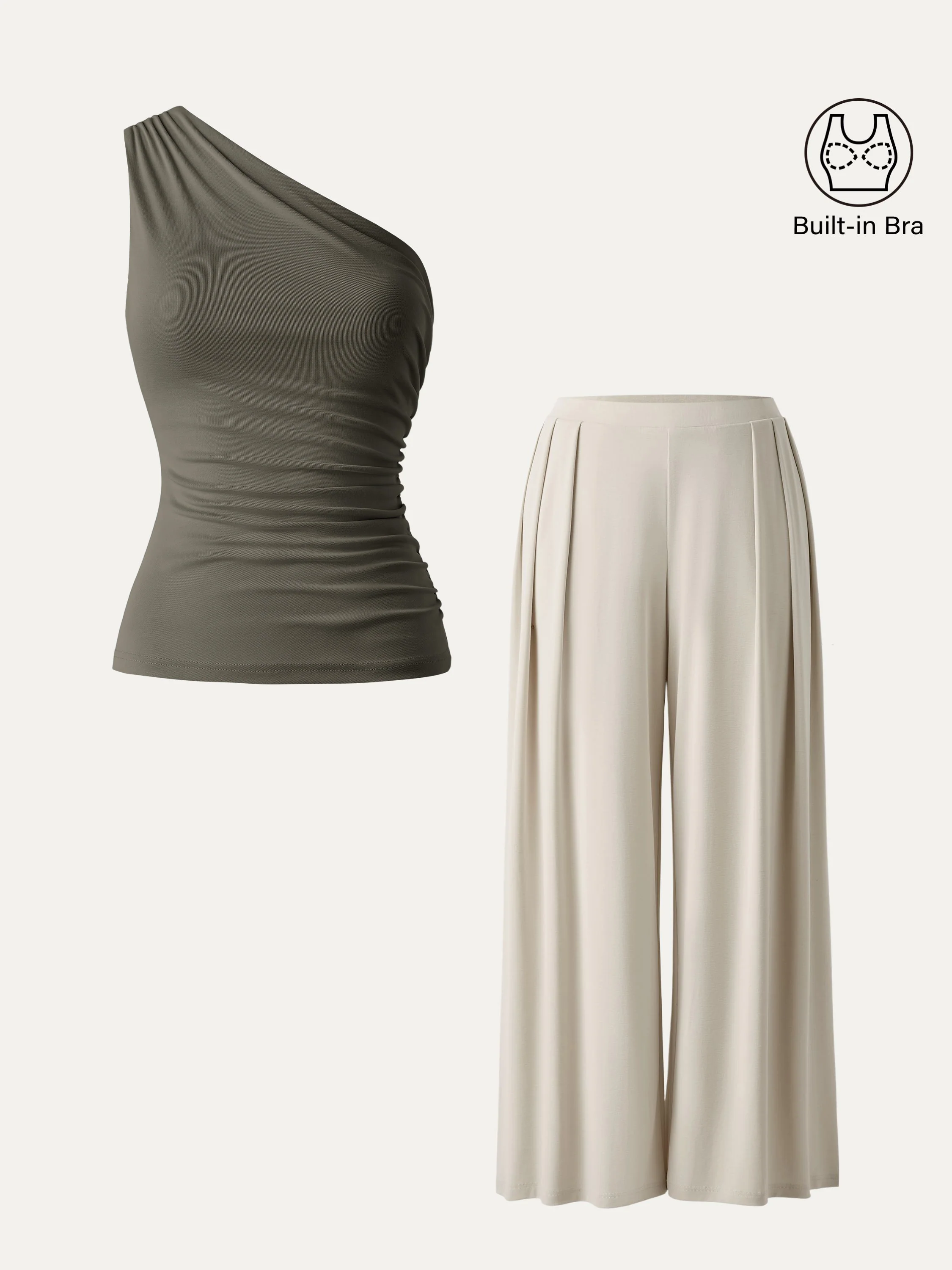 2-Piece Set of Sandwashed Ruched Bra and Mid-Rise Wide-Leg Palazzo Pants with Pockets