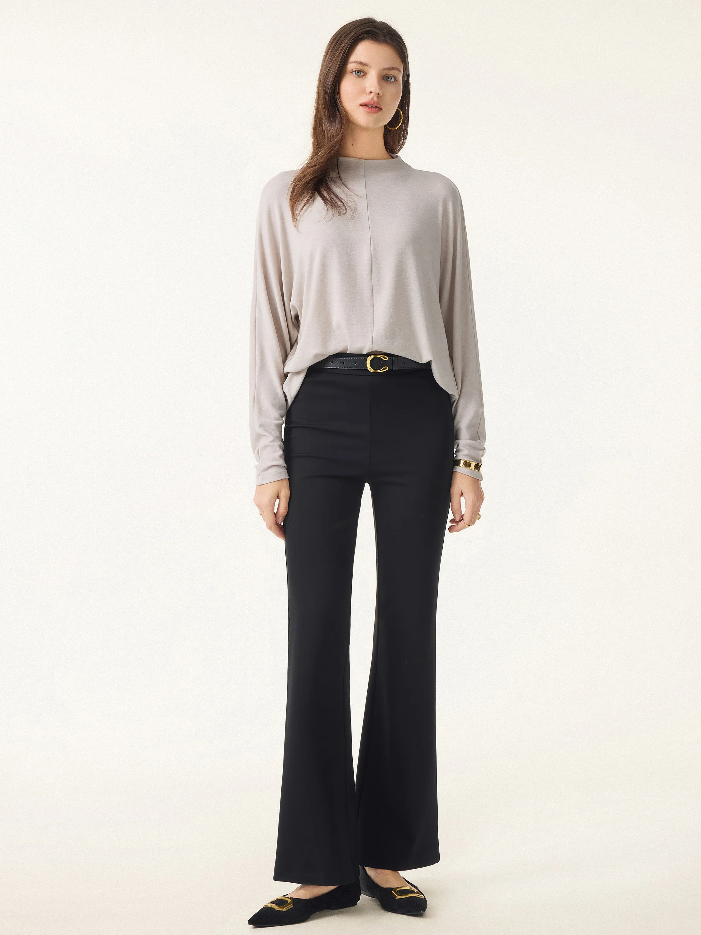 Slimming Ponte High-Waist Pull-On Flared Trousers