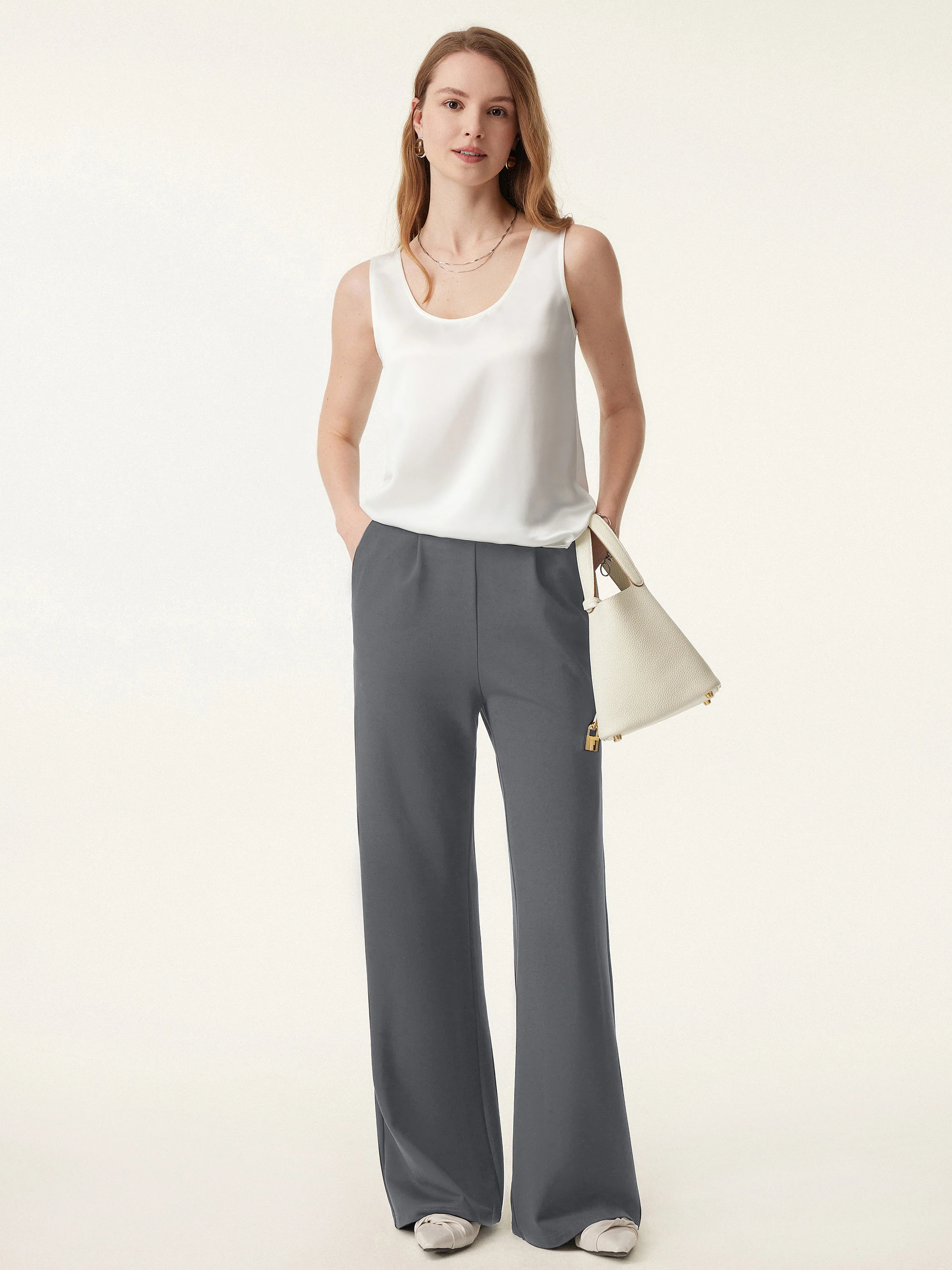 High Rise Pull-on Wide Leg Pants with Adjustable Bar