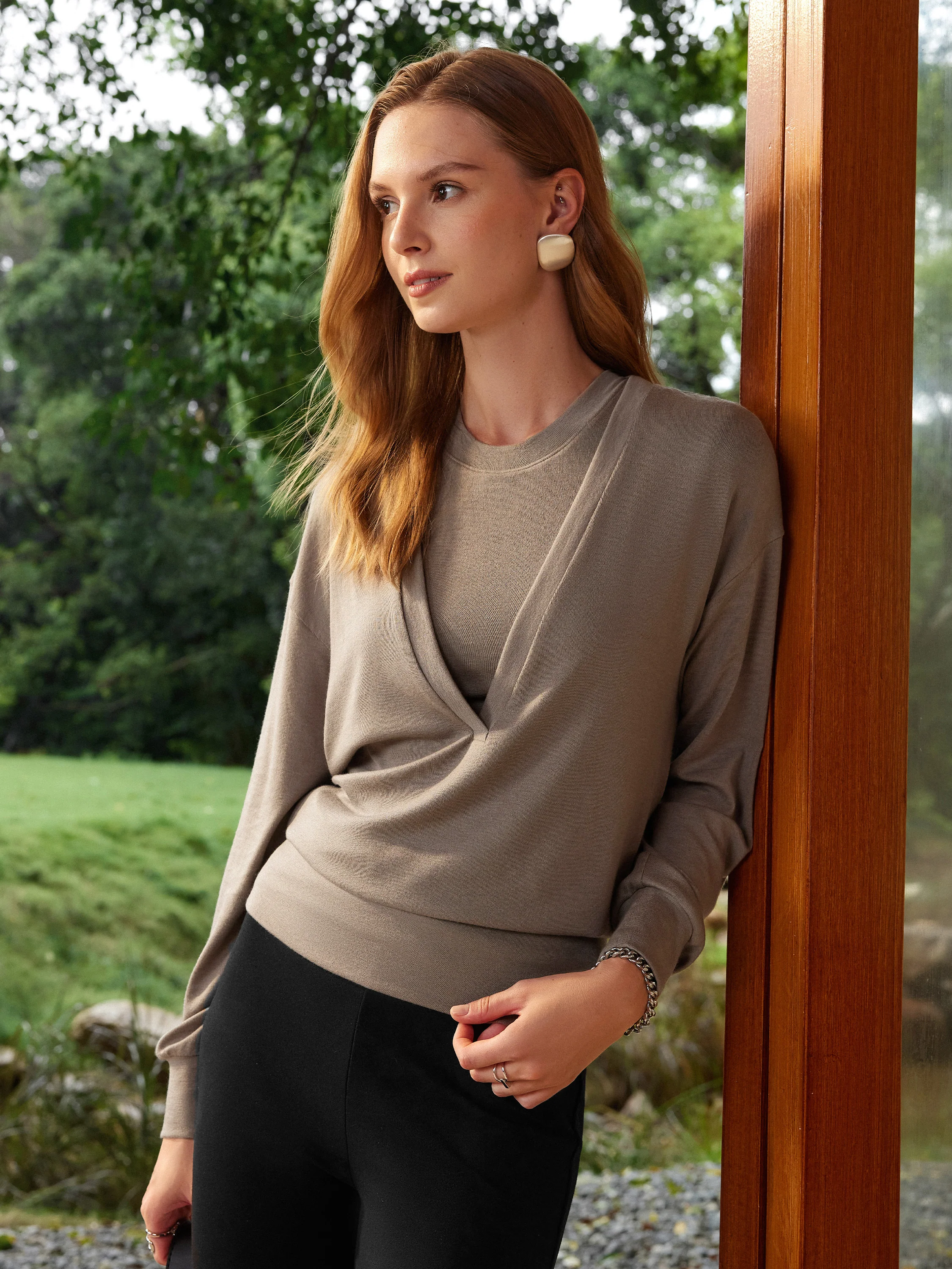 Lyocell Cashmere V-neck Drop-Shoulder Top