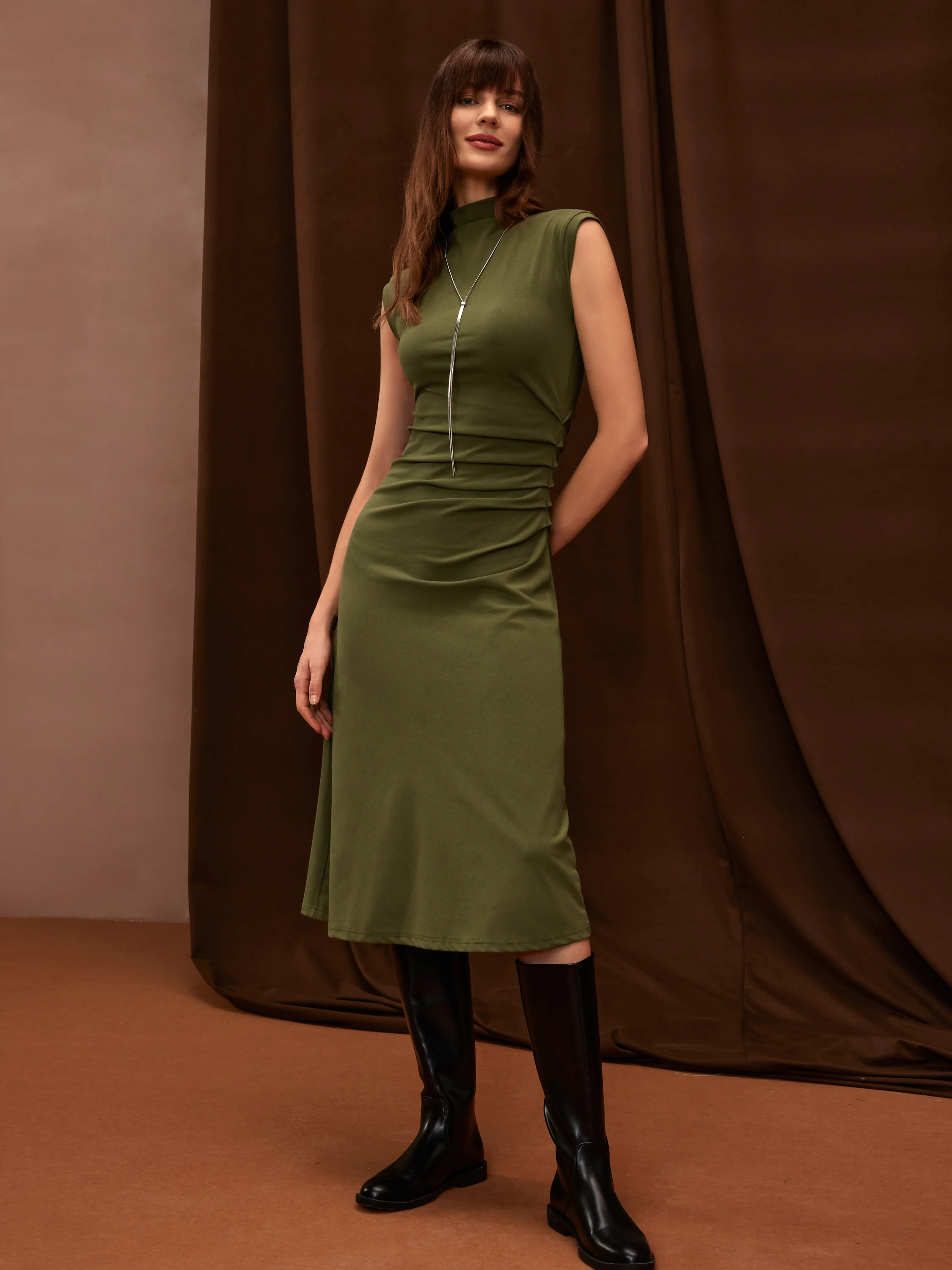 Mock Neck Tucked Midi Dress