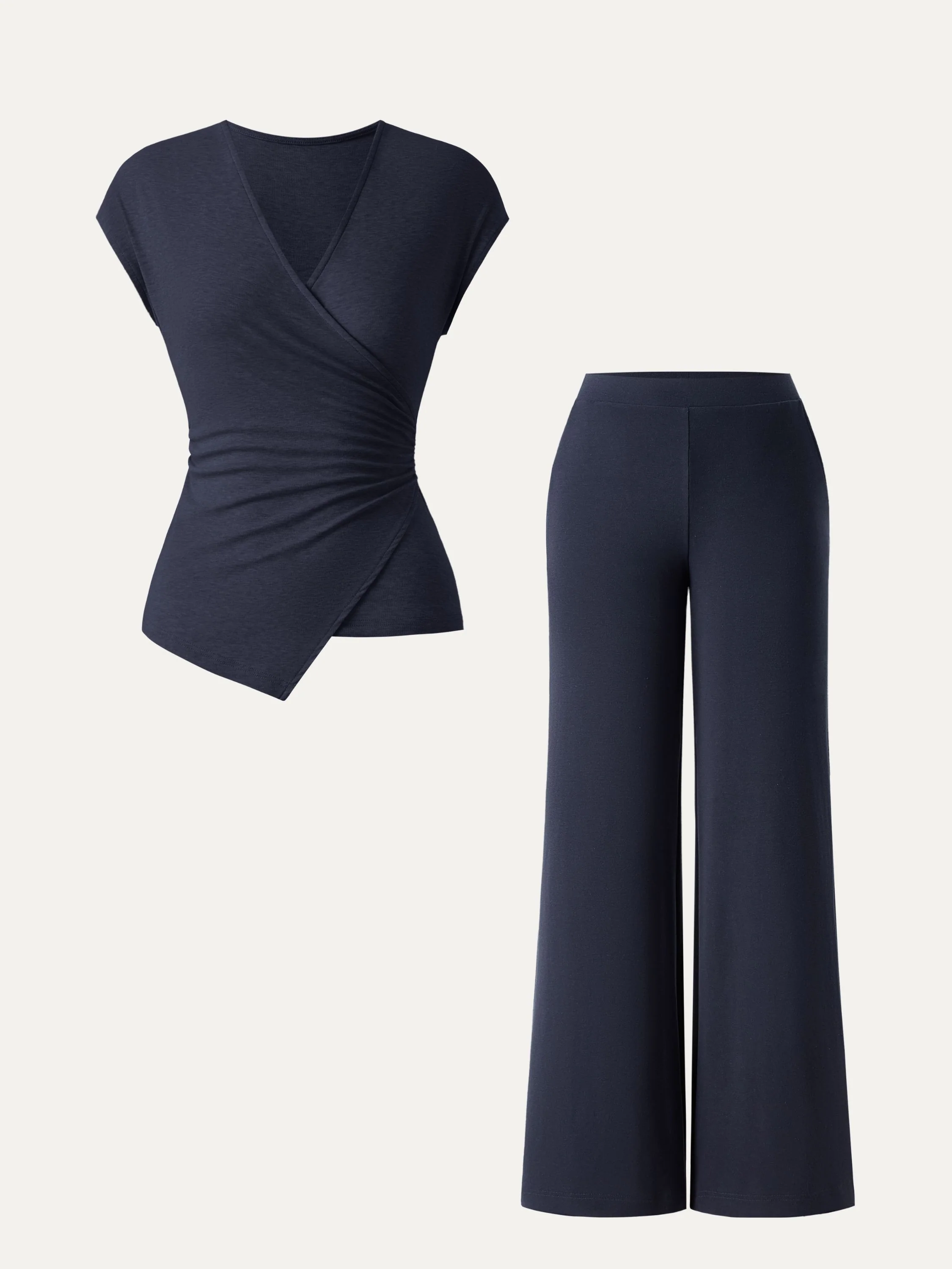 2Pcs Set Lyocell Wool Surplice Cap Sleeve Top & Mid Rise Wide Leg Pants with Pockets