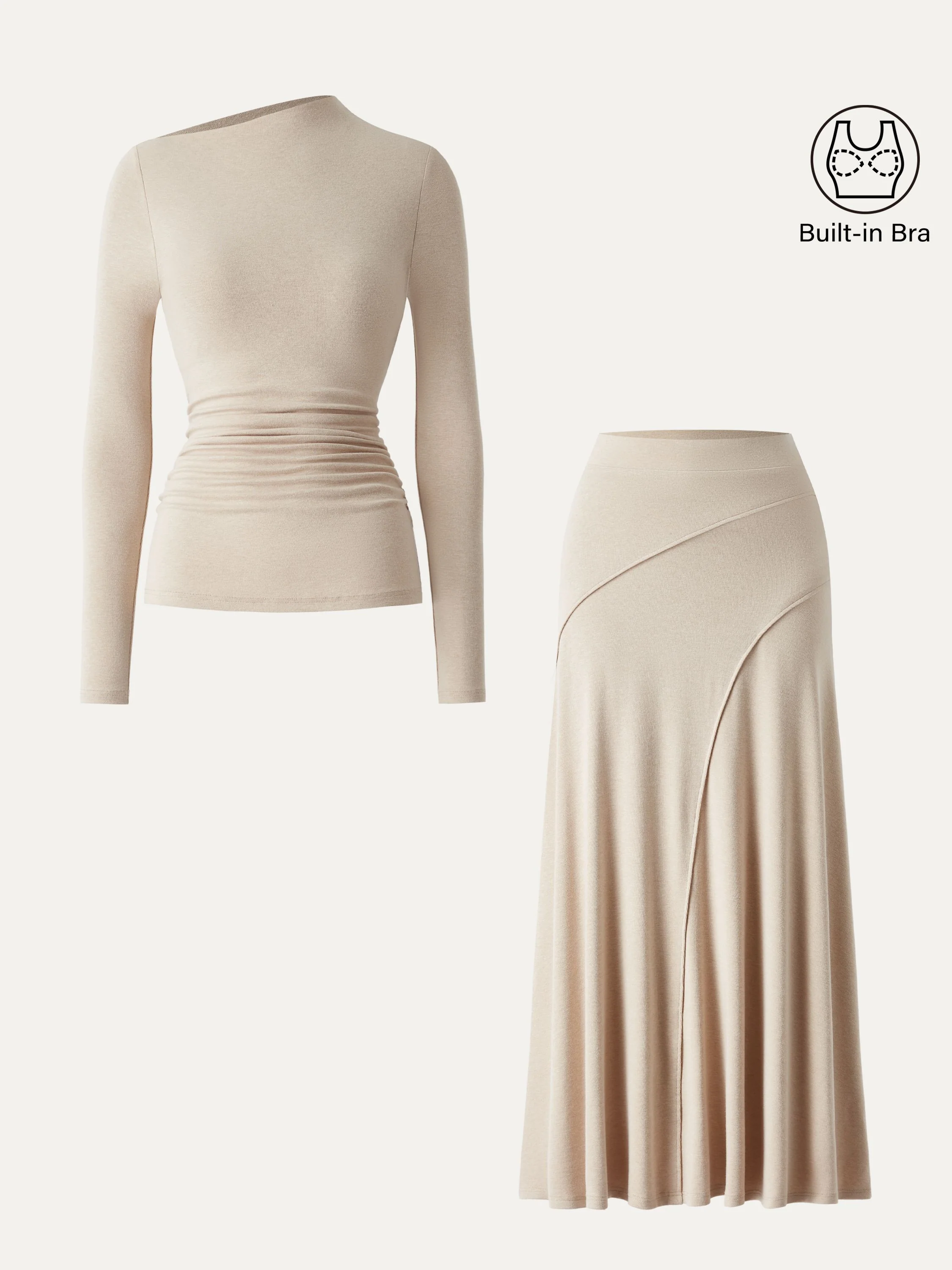 2-Piece Set: Slanted Mockneck Ruched Bra Top & Mid-Rise Pull-On Flared Maxi Skirt