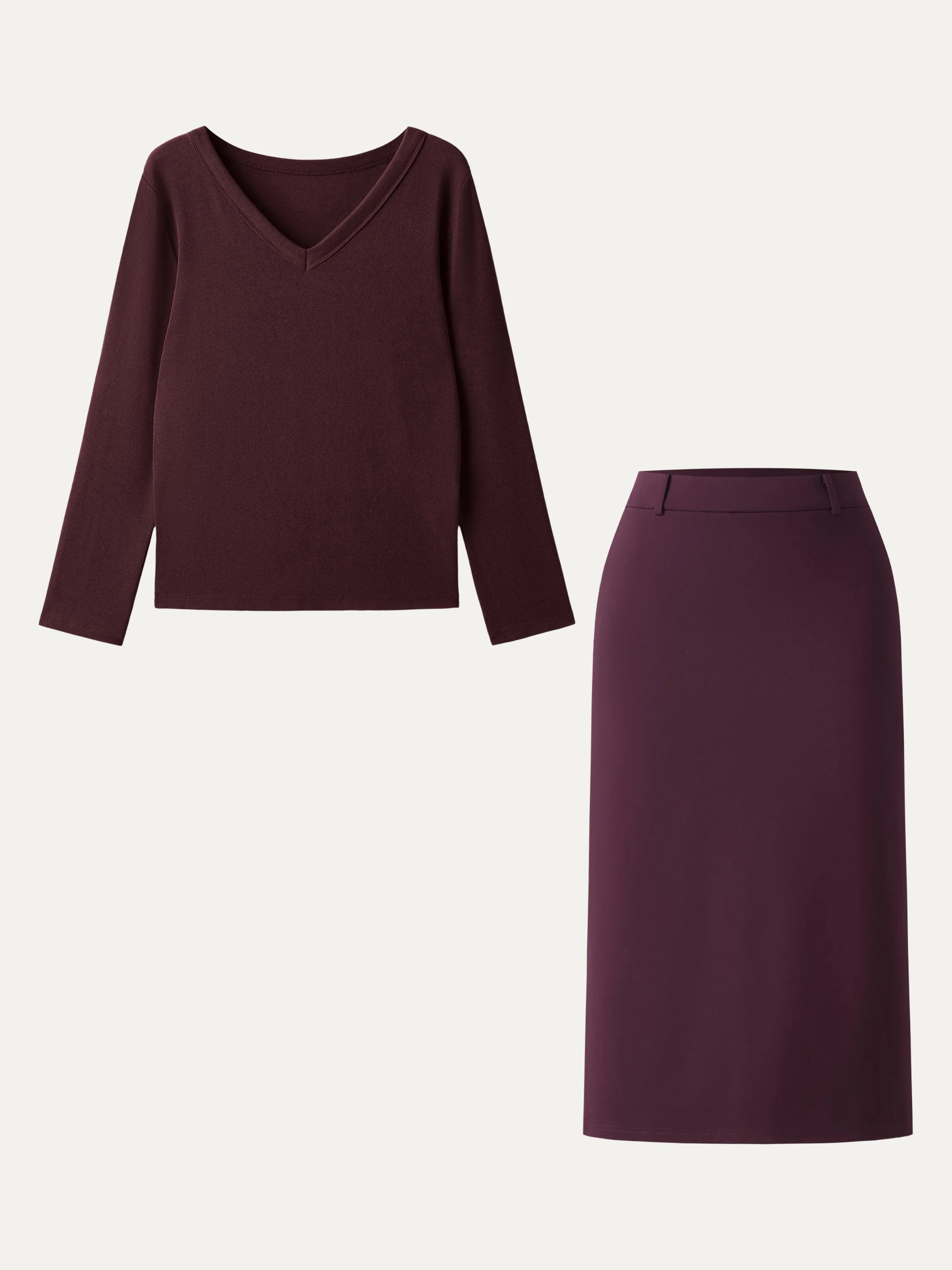 2Pcs Set V-neck Long Sleeve Top & A-line Midi Skirt with Zippered Pockets