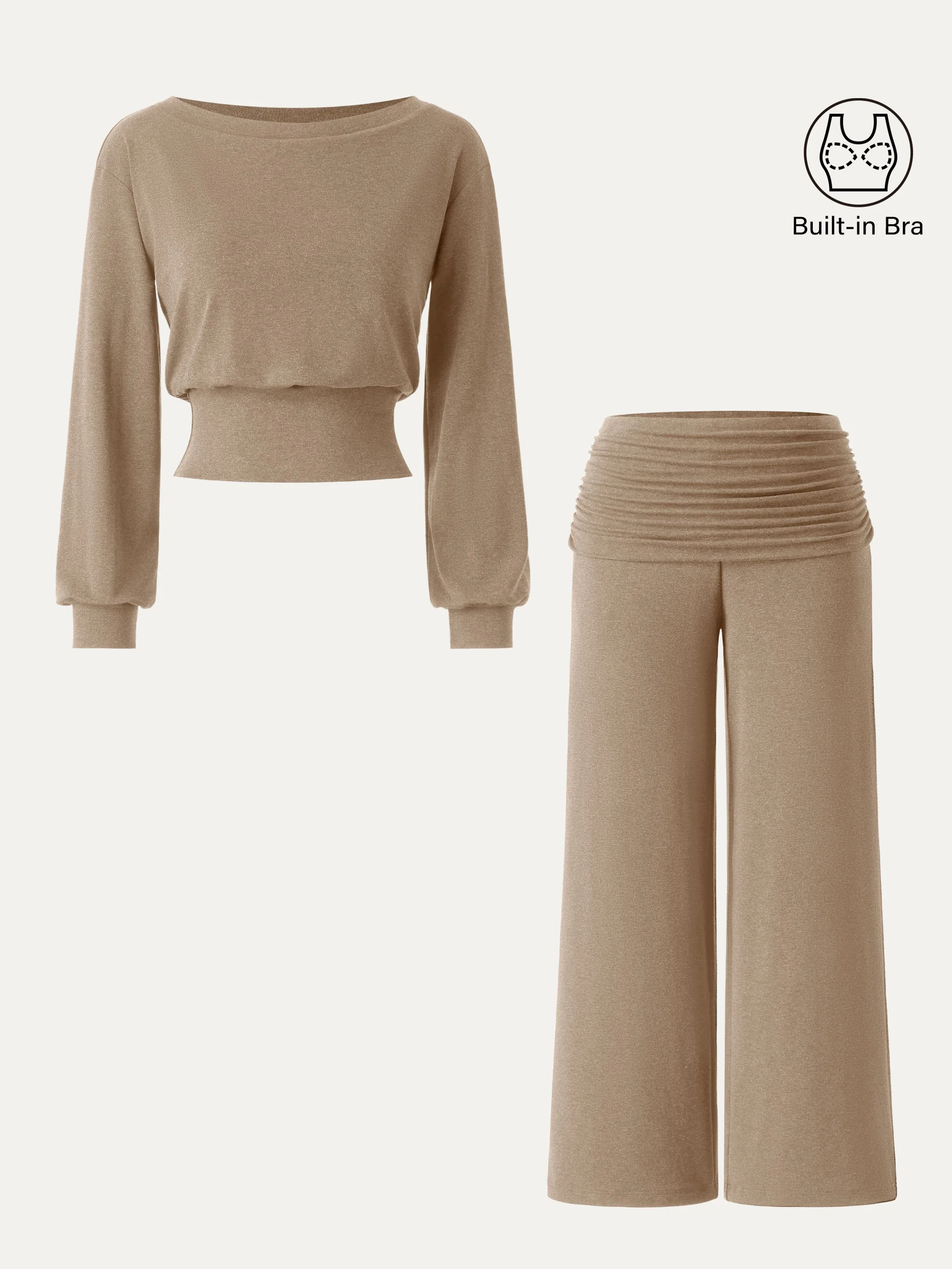 2-Piece Set Boatneck Bra & Loose Wide-Leg Pull-On Pants with Pockets