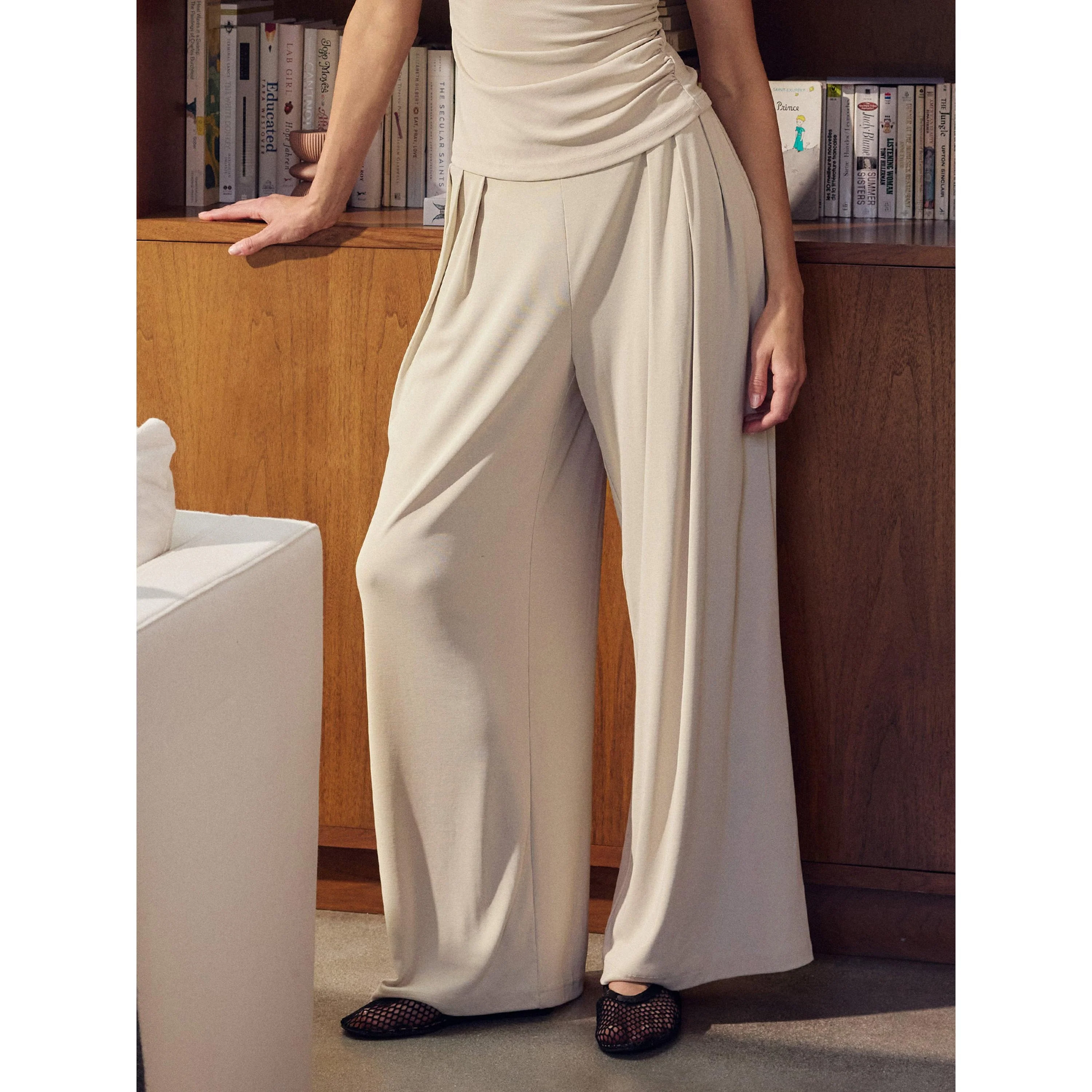 2Pcs Set Sandwashed Crewneck Tee & Mid Rise Pleated Wide Leg Pants with Pockets