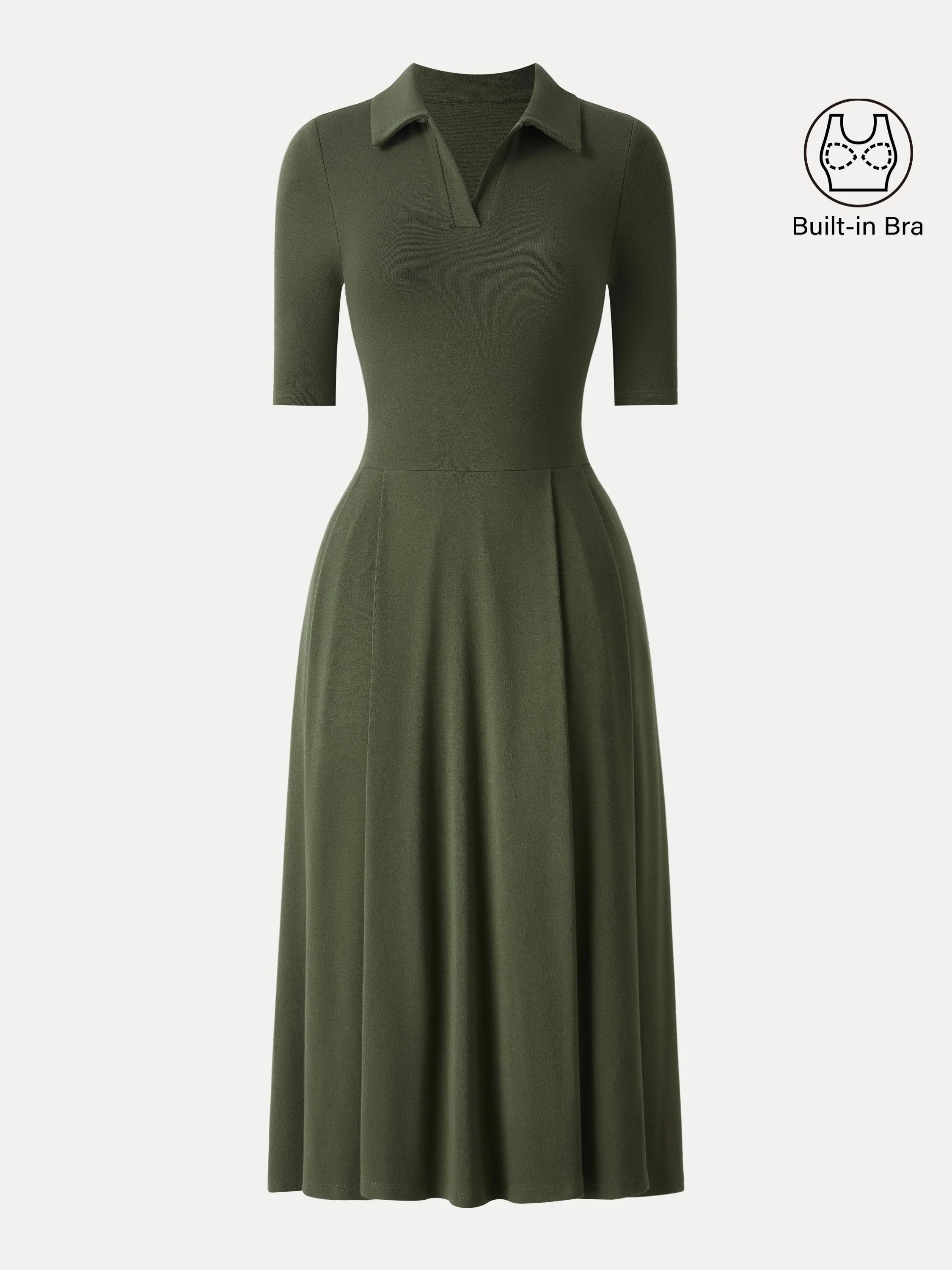 Polo Neck Elbow-Length Sleeve Midi Dress with Pockets