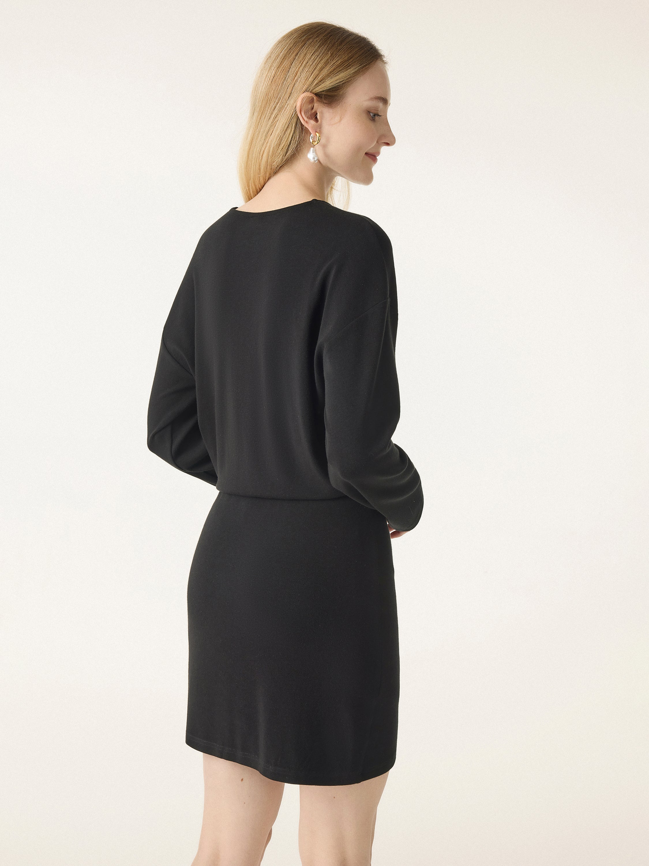 Round Neck Long Sleeve Wrap Hem Mini Dress