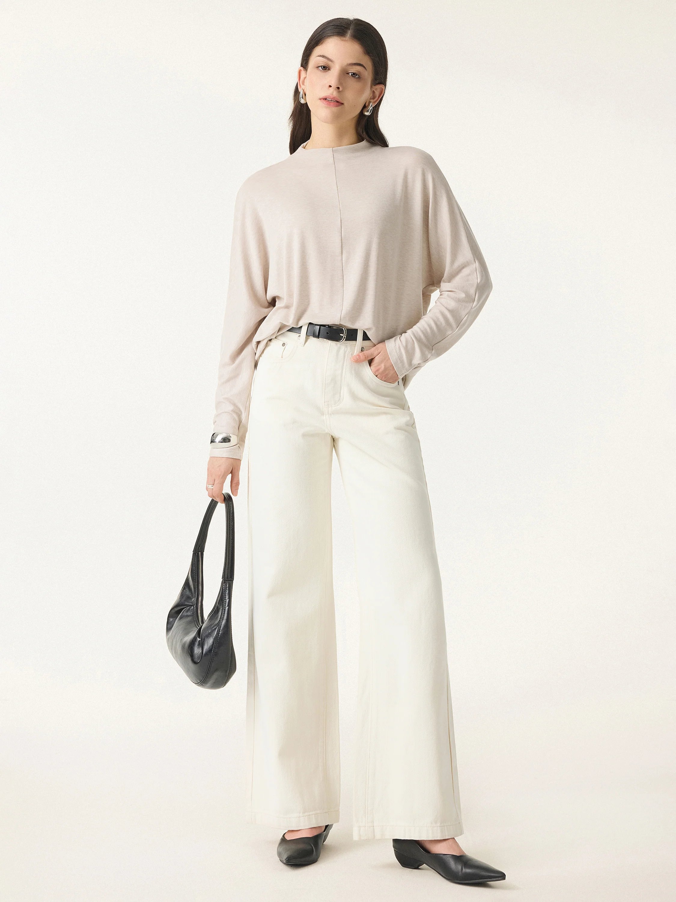 Lyocell Cashmere Relaxed Mockneck Batwing Sleeve Top