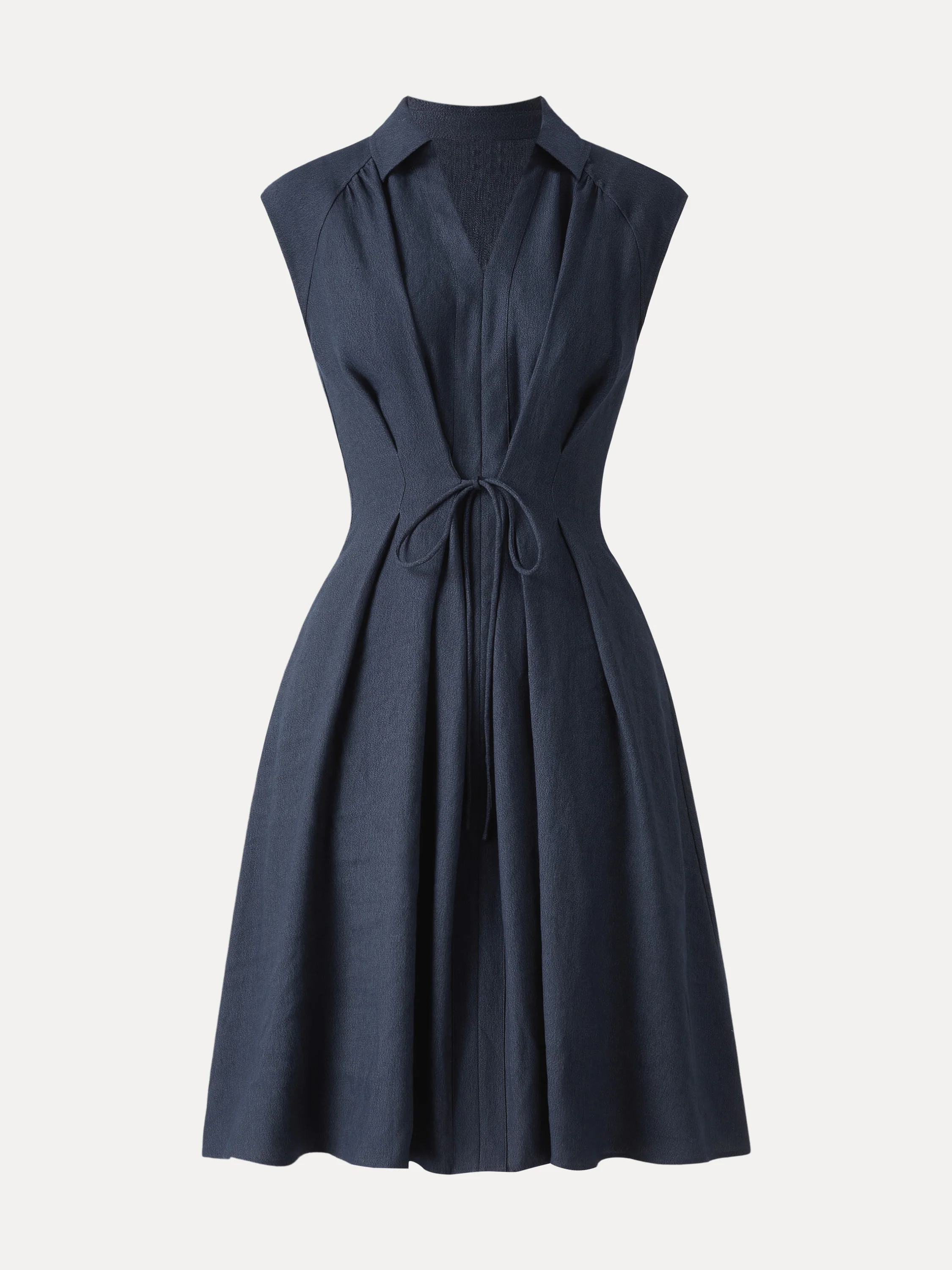 Viscose-Linen Collared V-neck Midi Dress with Drawstring