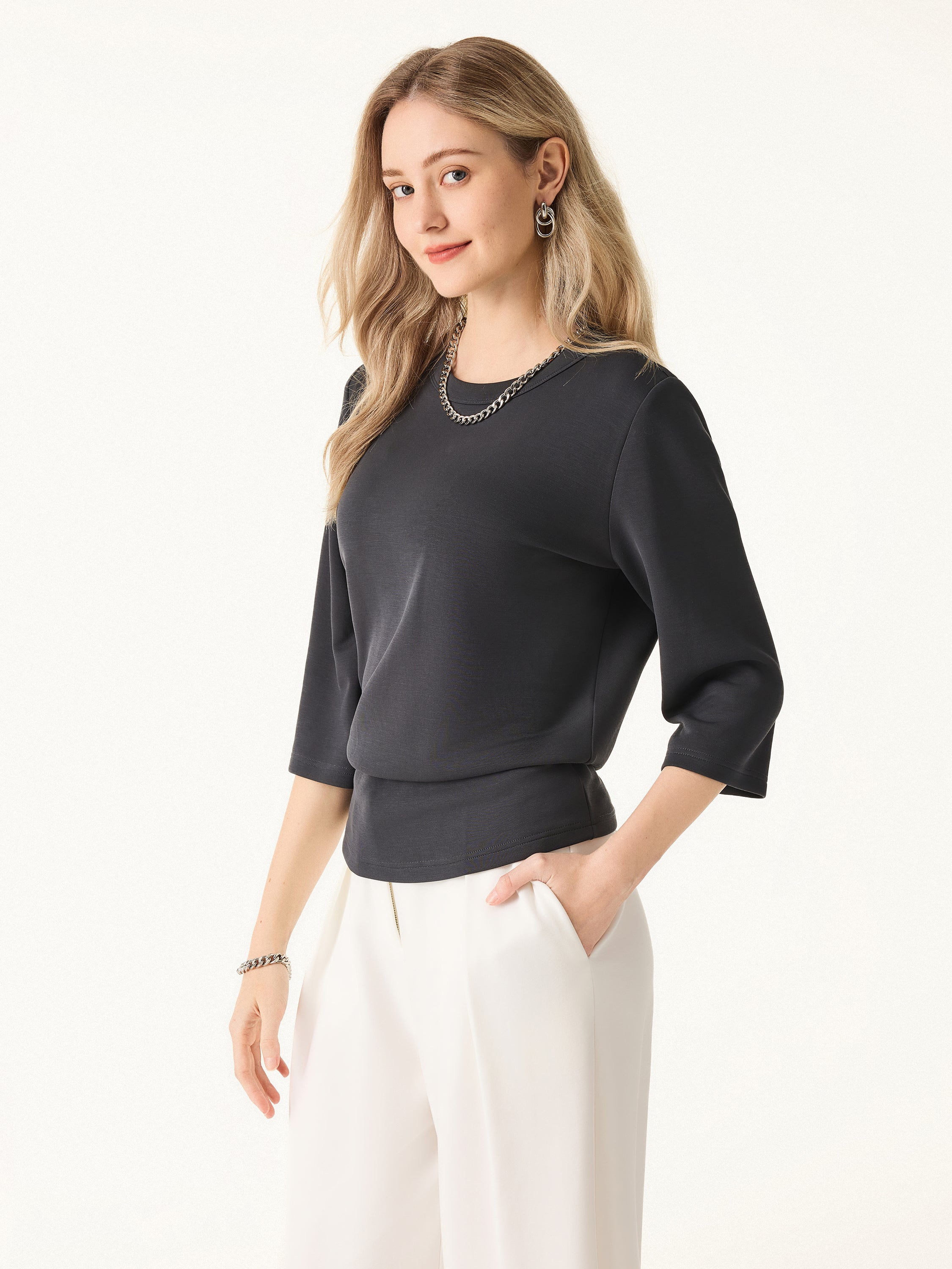 Sandwashed Spacer Crewneck Three - Quarter Sleeve Top