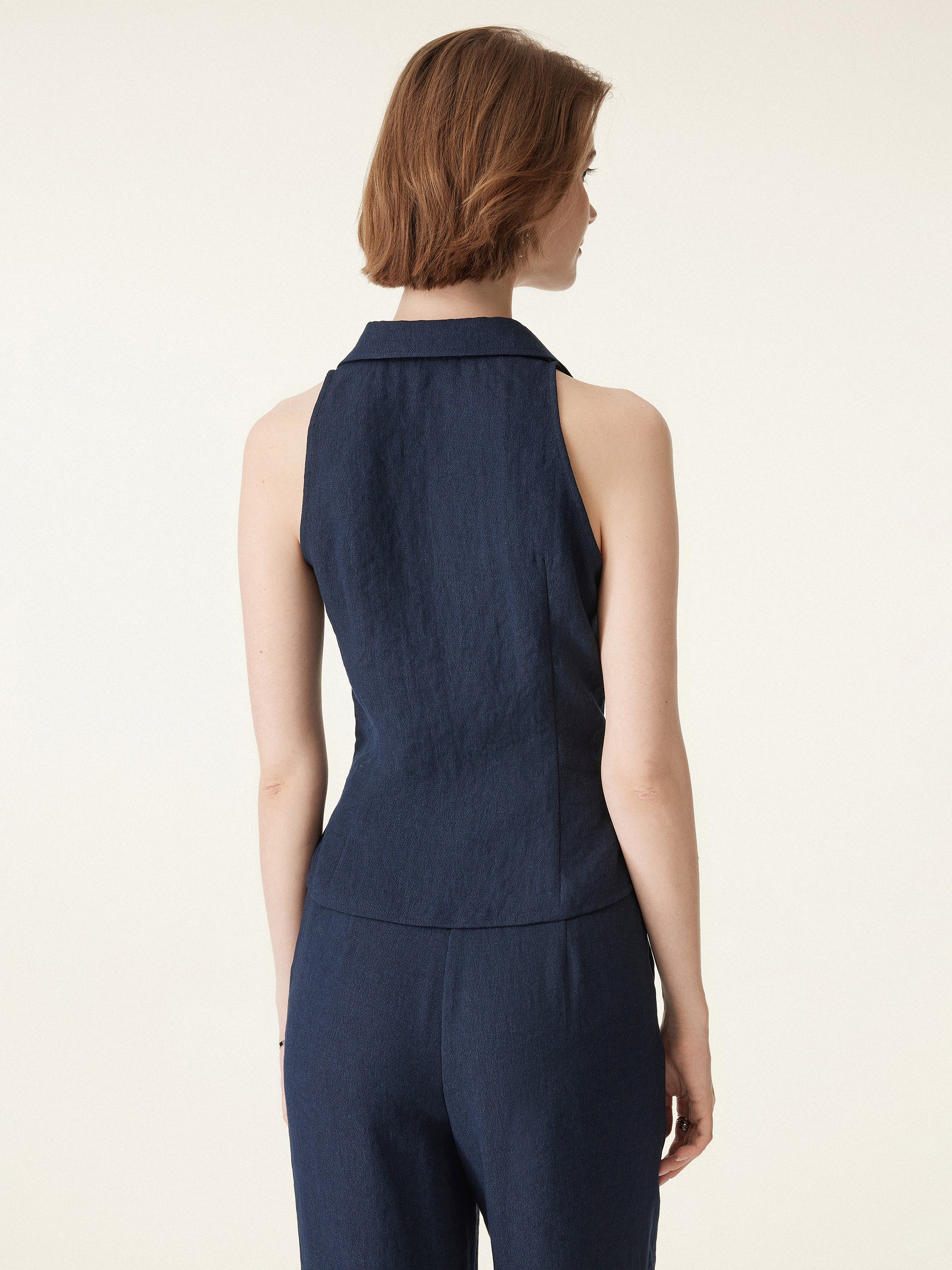 Collared V-neck Pleated Sleeveless Top with Drawstring