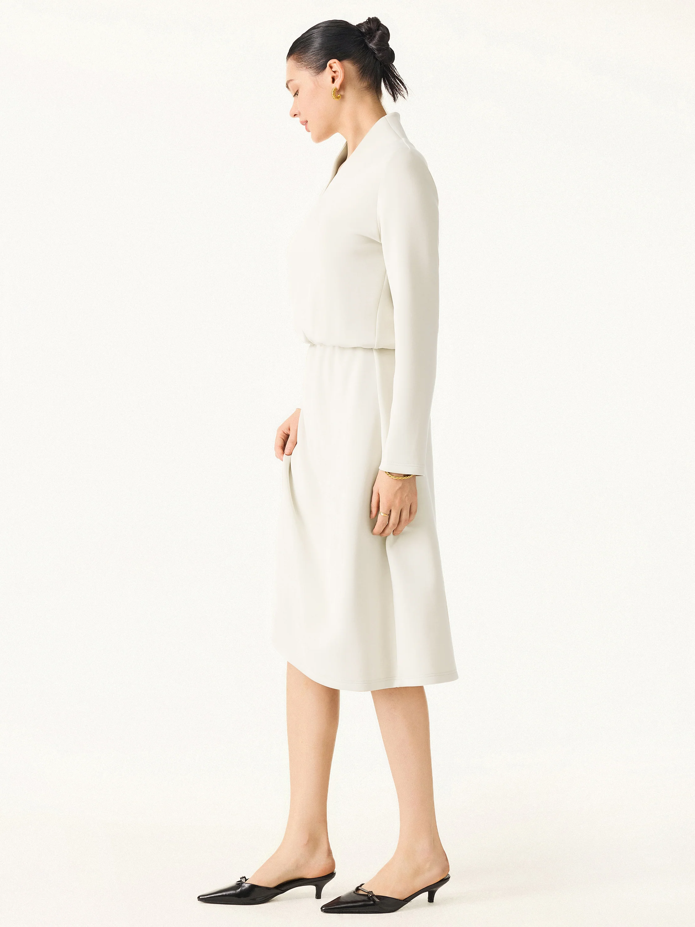 Elevated V-neck Long-sleeve Cinched Midi Dress