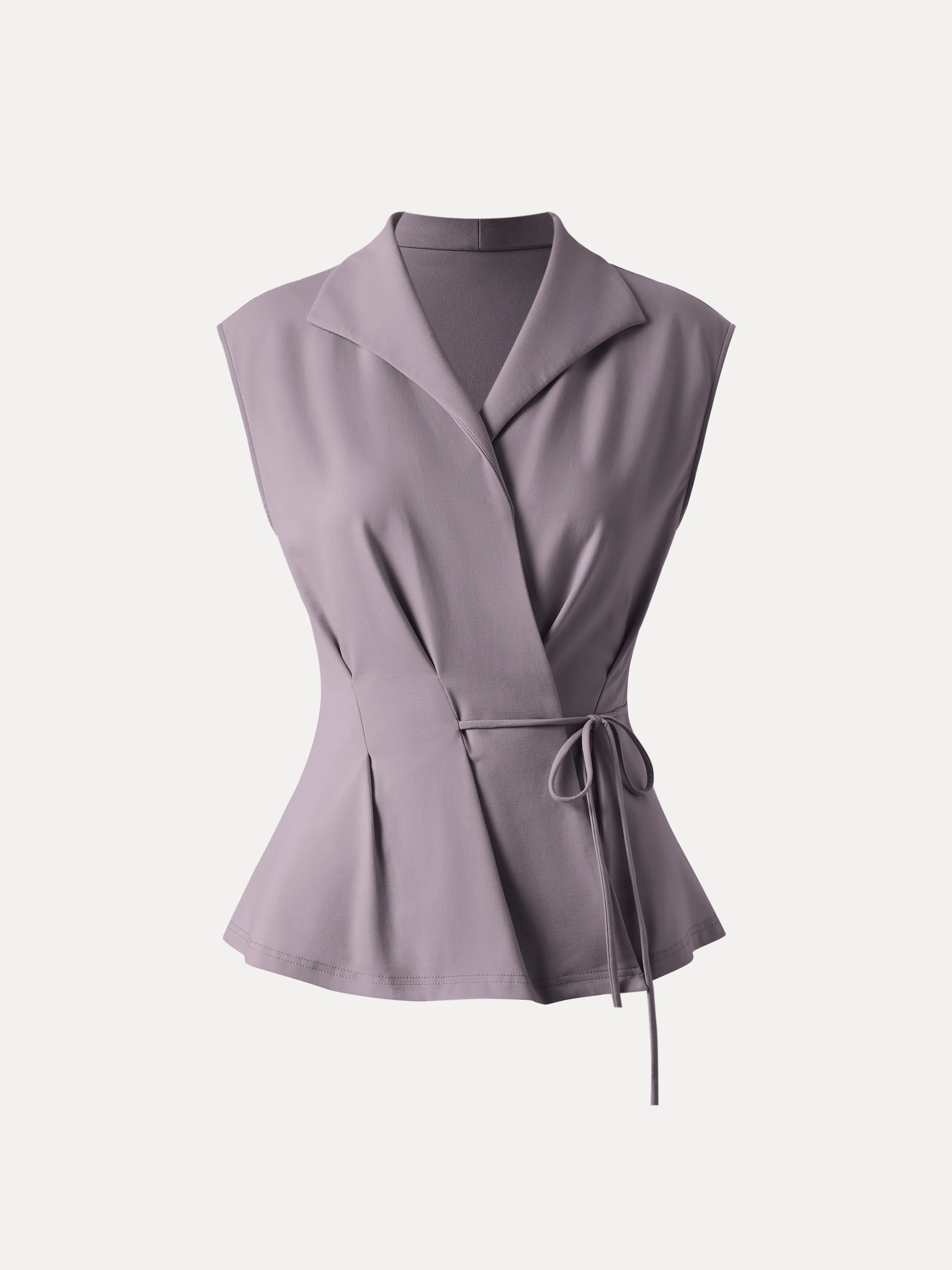 Cool Ponte Flap Collar Surplice Sleeveless Top with Drawstring Tie