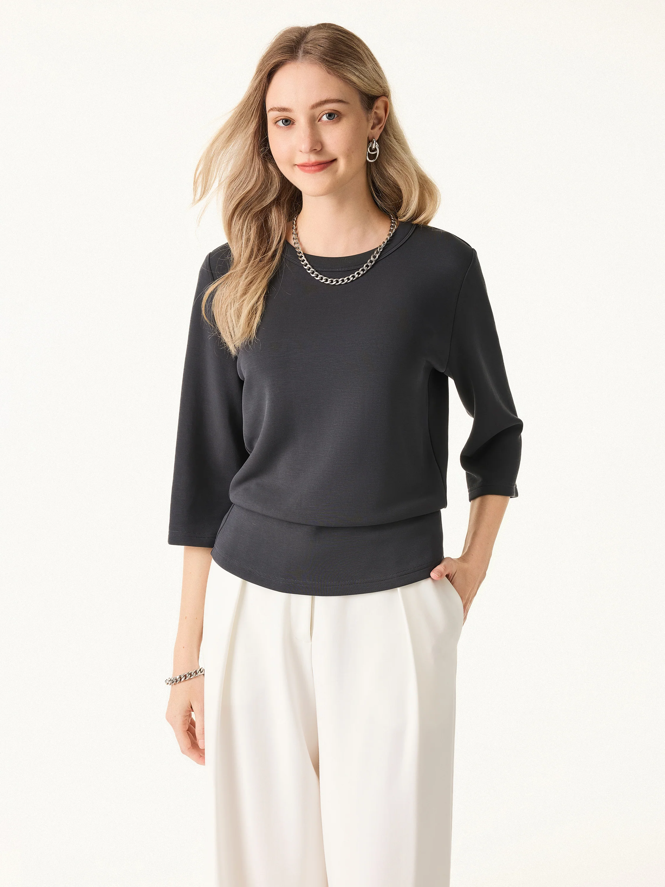 Sandwashed Spacer Crewneck Three - Quarter Sleeve Top