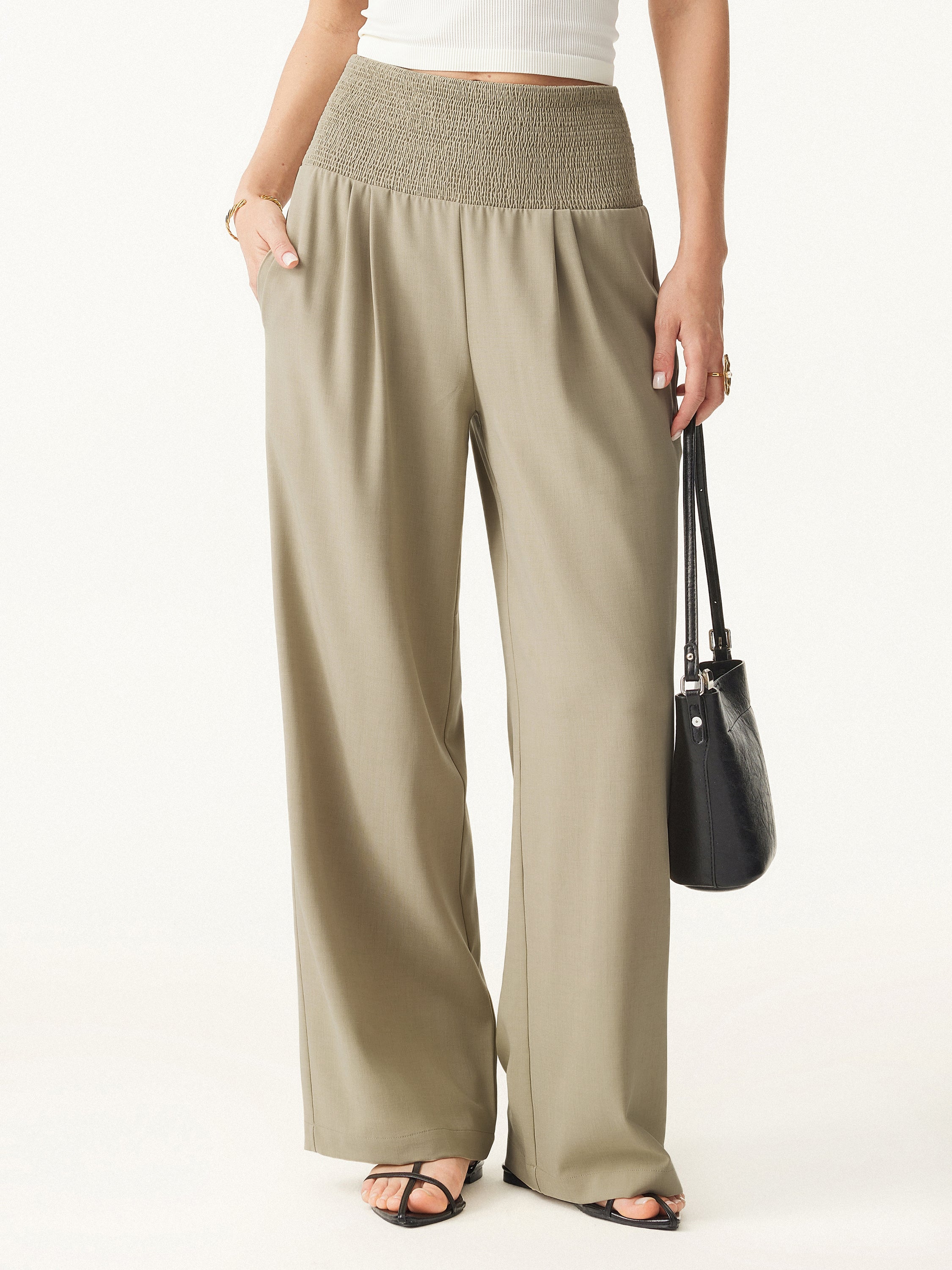 Wrinkle-resistant Tencel Linen Mid-rise Smocked Wide-leg Pant with Pockets